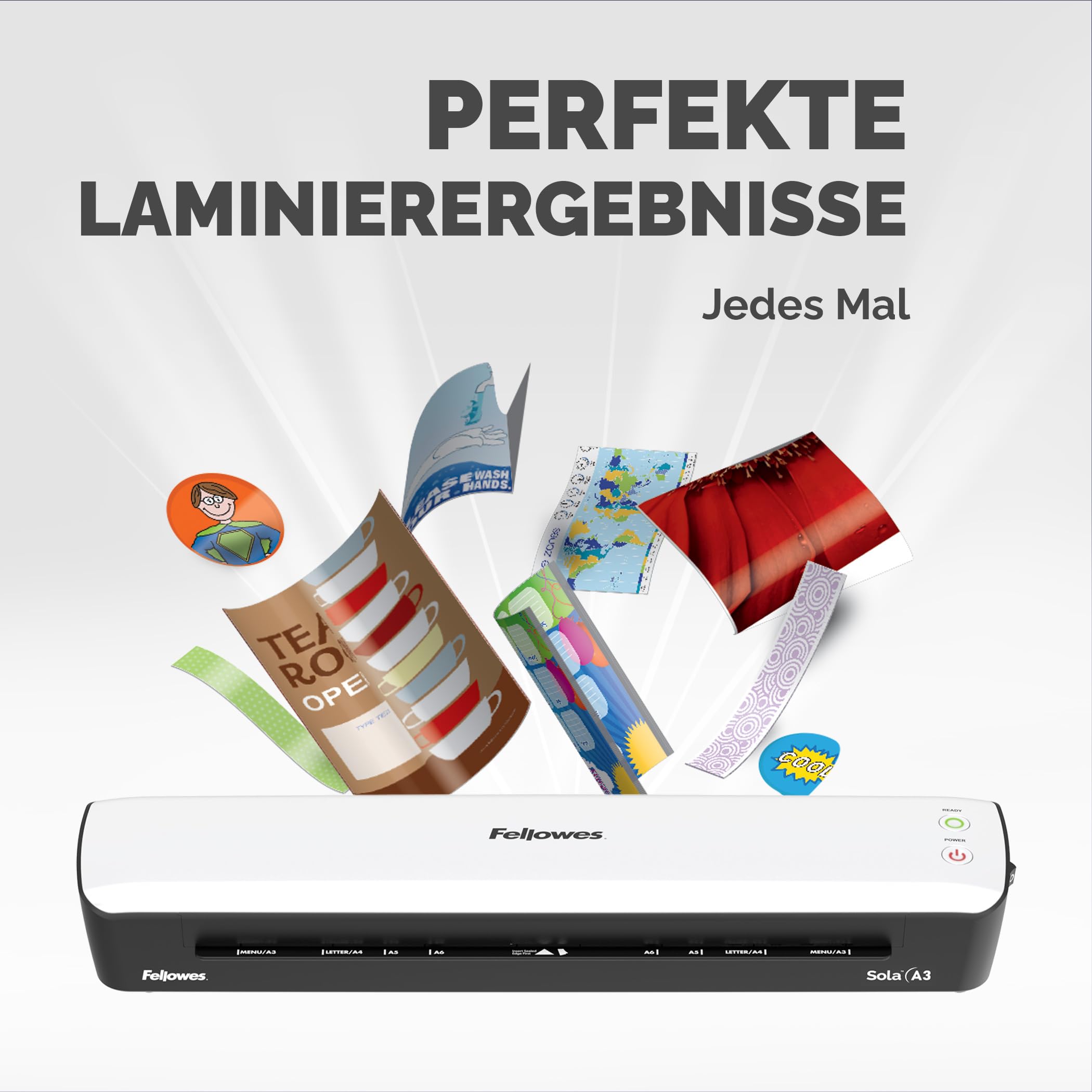 Fellowes Laminiergerät A3 Sola für Zuhause und Homeoffice, für Laminierfolien bis 125 Mikron Stärke, staufrei, Laminiergerät zum Laminieren von Fotos, Dokumenten, Rezepten, Lernkarten uvm