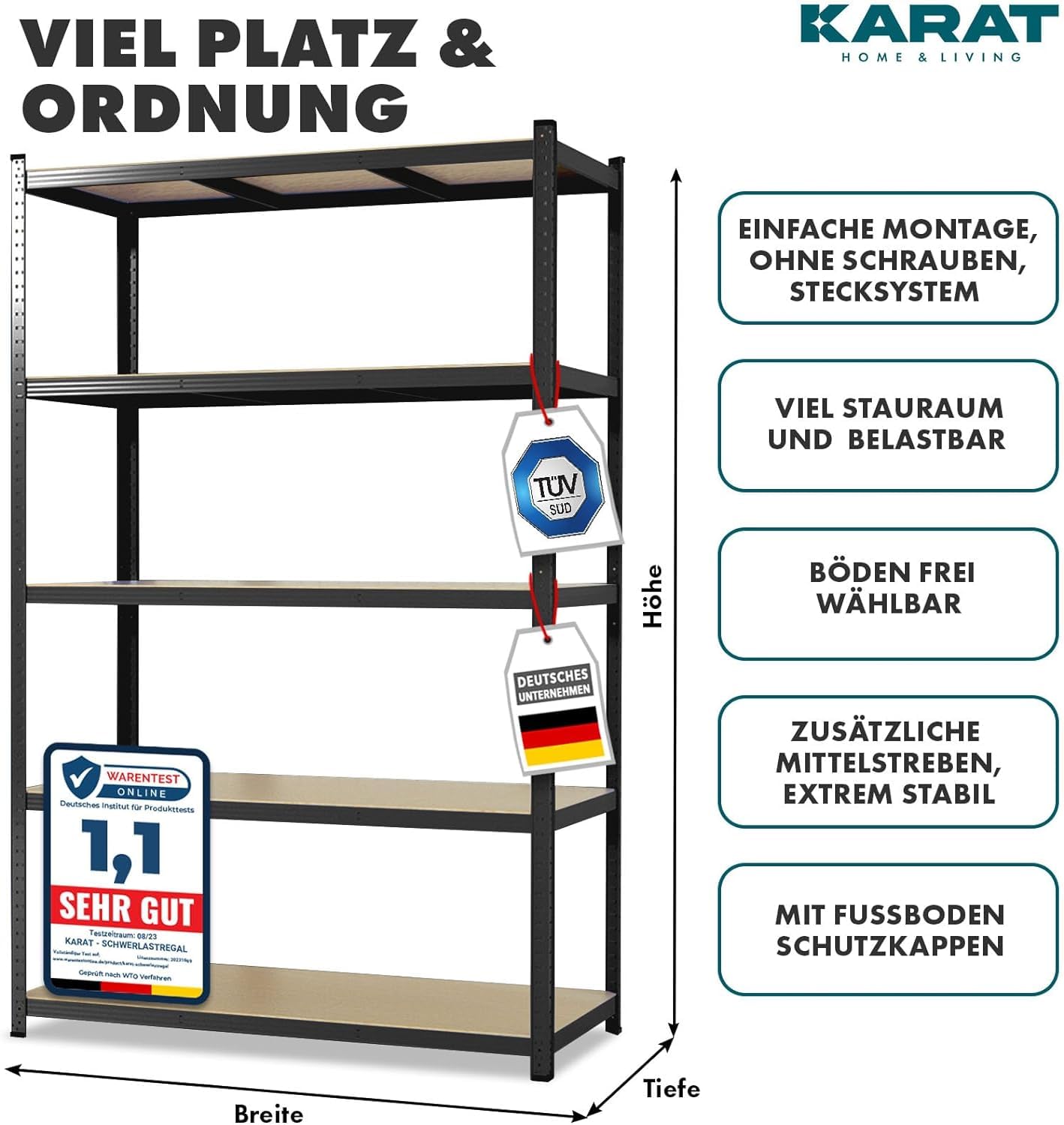 KARAT Schwerlastregal, 2er Set - Steckregal, Kellerregal, Lagerregal - 5 verstellbare Böden (Schwarz, 50 x 100 x 200 cm)