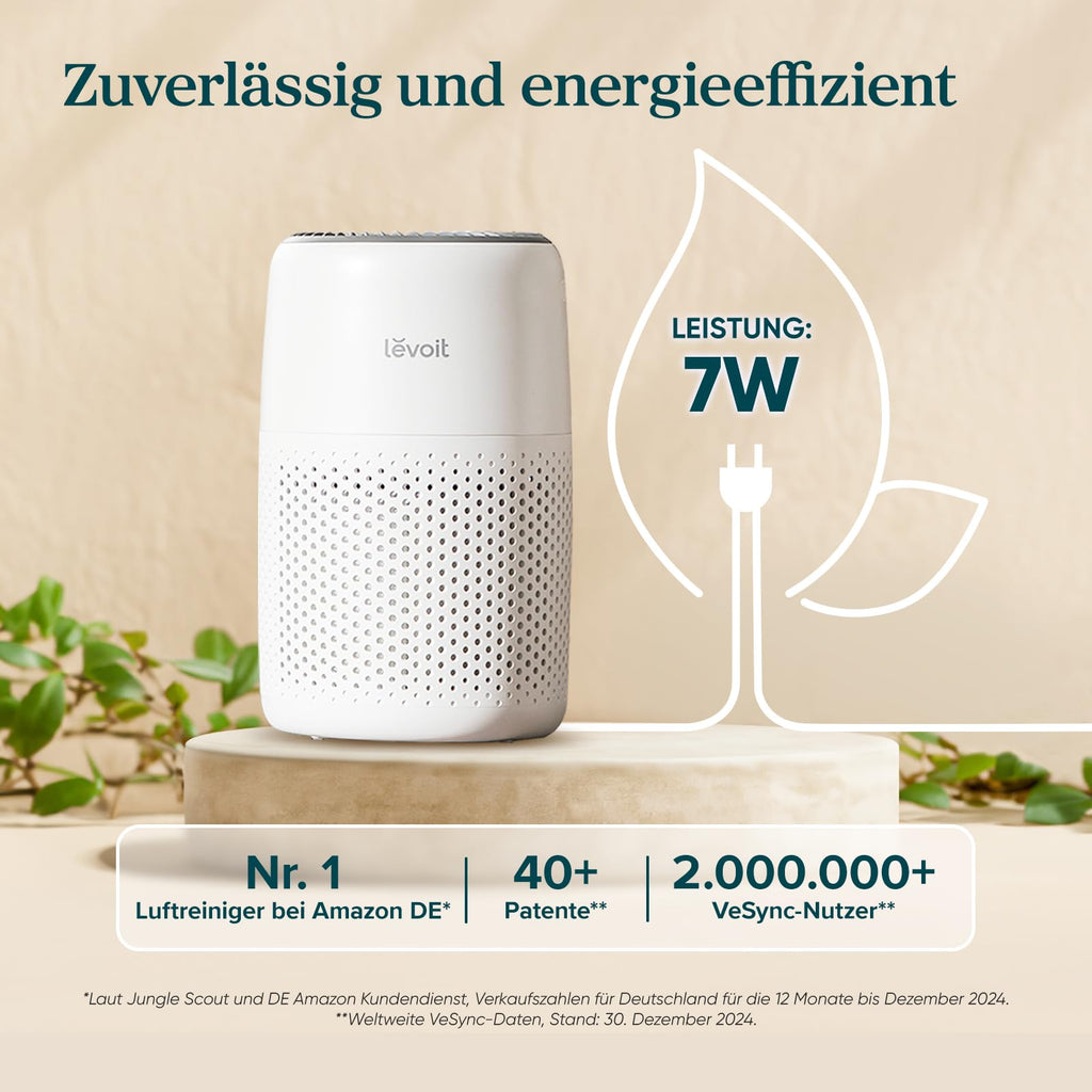 Levoit Luftreiniger Allergiker mit Aromatherapie, HEPA Luftfilter gegen Schimmel, Staub und Tierhaare bis zu 0,3 µm für Schlafzimmer, 7 Watt Energiesparend, 3 Geschwindigkeiten, Weiß
