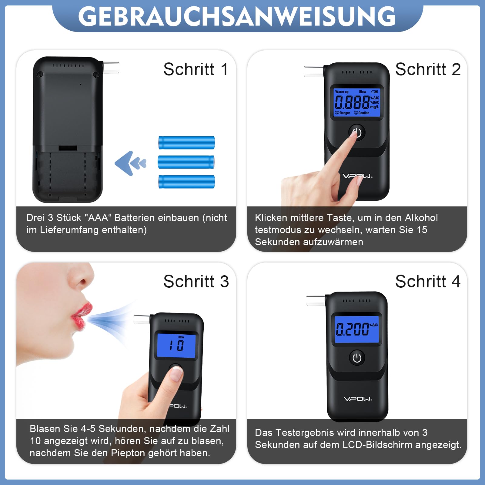 VPOW Alkoholtester, Professioneller Alkoholtester mit digitaler Blauer LCD-Anzeige, Atemalkoholtester mit Gradgenauigkeit für den privaten professionellen Gebrauch zu Hause - Dunkles Schwarz