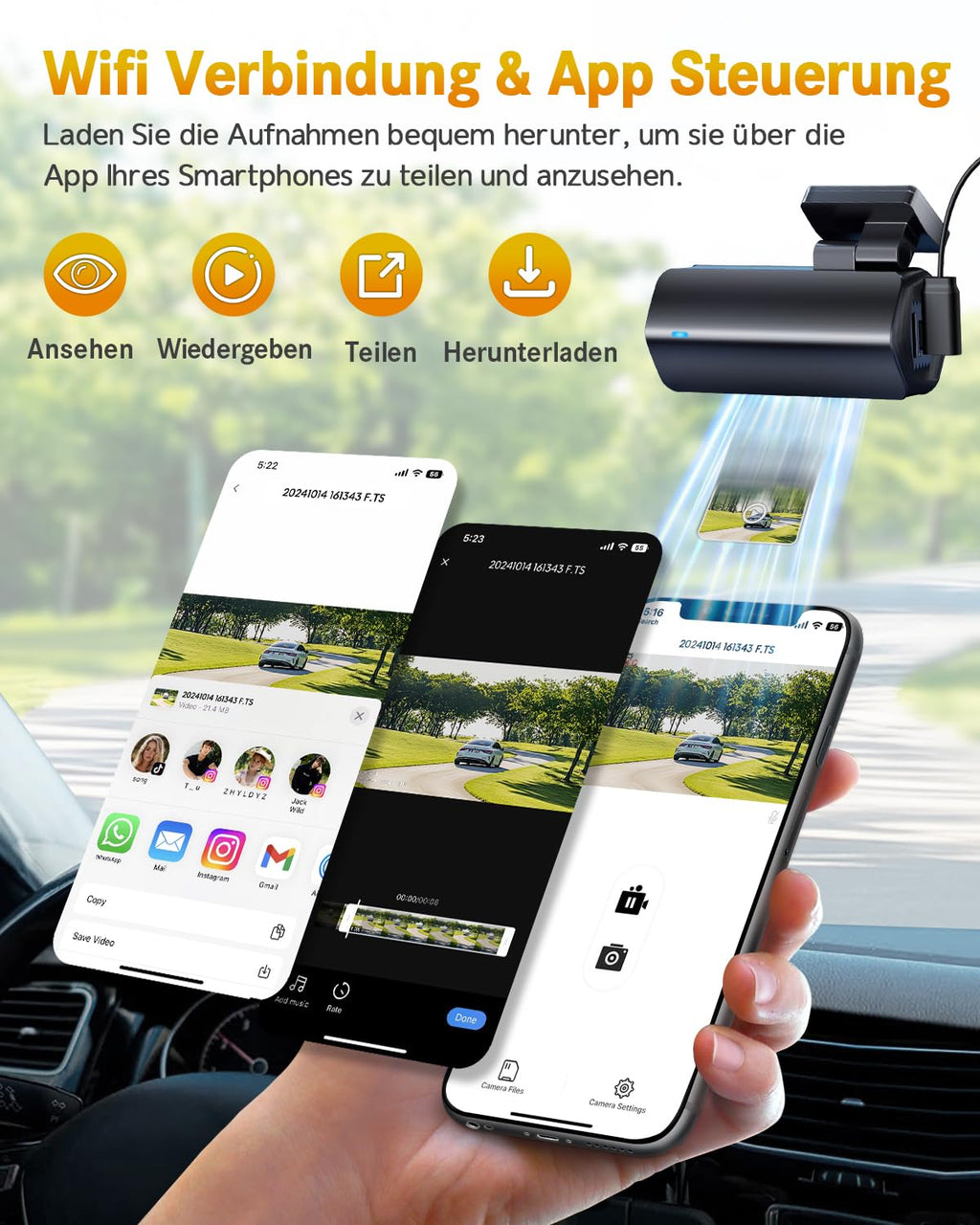 GKU 4K Dashcam Auto,dashcam Auto vorne, Auto Kamera mit integriertem WLAN,170° Weitwinkel,Nachtsicht,WDR,24H Parküberwachung,Loop-Aufnahme,G-Sensor,Dash cam Vorne inklusive 64GB SD Karte