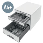 Leitz CUBE Schubladenbox mit 4 Schubladen, Weiß/Eisblau, A4, Inkl. transparentem Schubladeneinsatz, WOW, 52132036