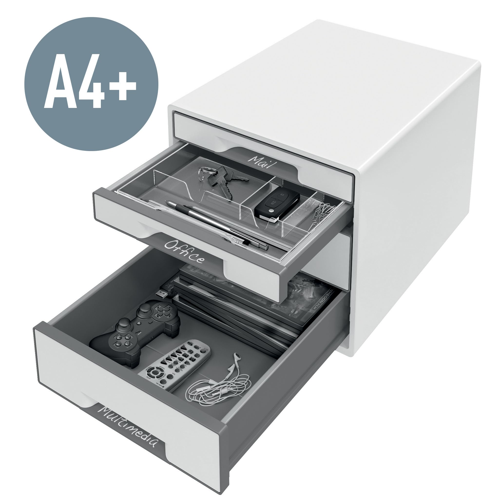 Leitz CUBE Schubladenbox mit 4 Schubladen, Weiß/Eisblau, A4, Inkl. transparentem Schubladeneinsatz, WOW, 52132036