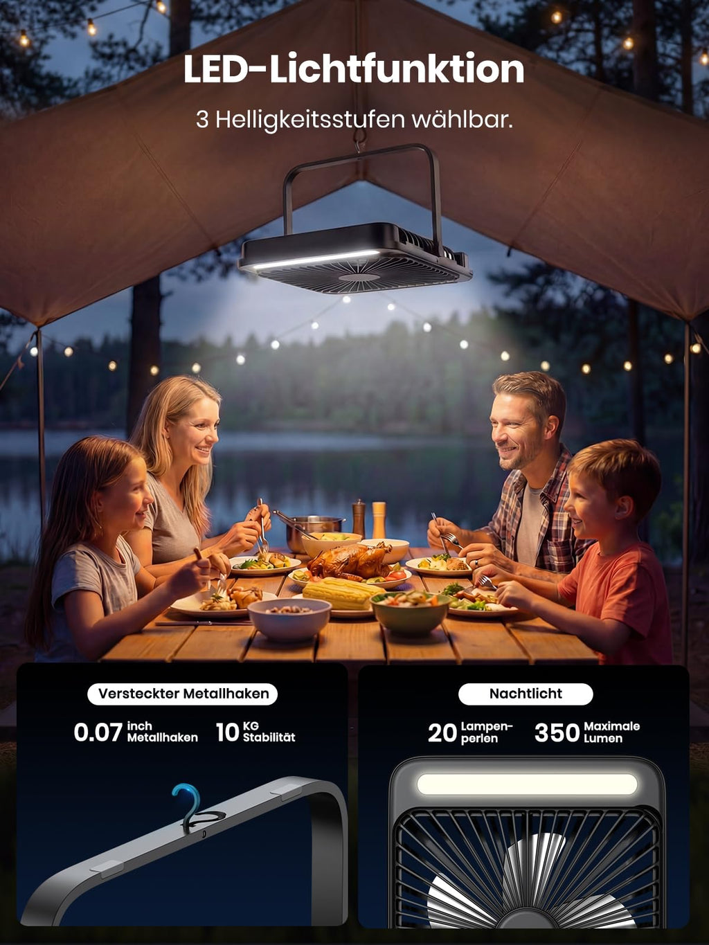 Warmco 20000mAh Akku Camping Ventilator 27cm mit Lampe, 15-48 Std. Laufzeit, Ultra-Leise, Ultraflach, Display, Haken, USB Tischventilator für Zelt, Outdoor, Reisen, Büro, Wohnmobil, Schlafzimmer