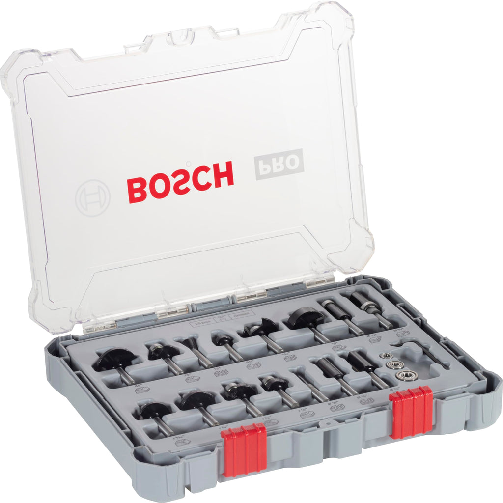 Bosch Professional 15tlg. Fräser Set Mixed (für Holz, für Oberfräsen mit 1/4 Zoll Schaft)