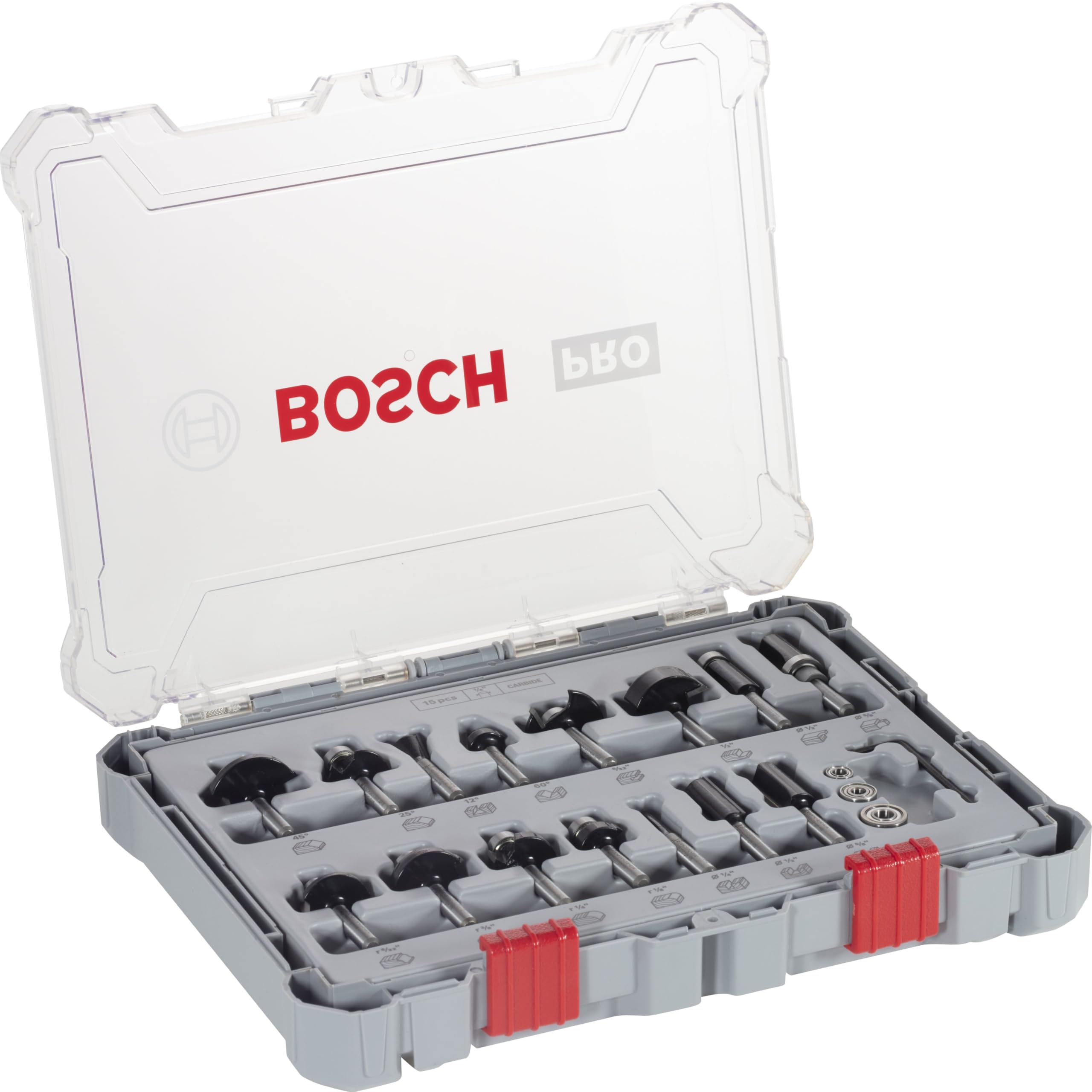 Bosch Professional 15tlg. Fräser Set Mixed (für Holz, für Oberfräsen mit 1/4 Zoll Schaft)