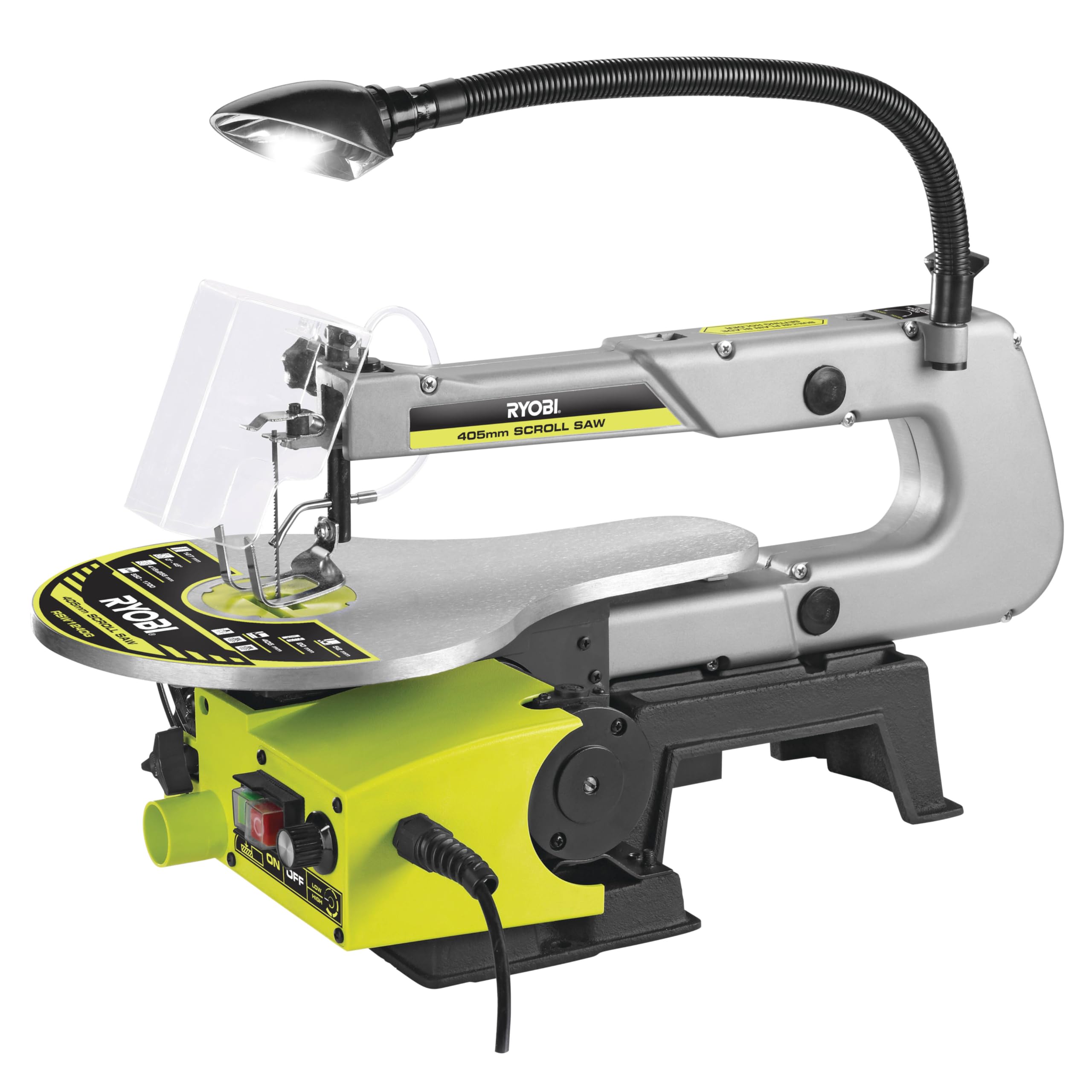 RYOBI 125 W Dekupiersäge RSW1240G, 127 mm Sägeblatt, 405 mm Schnittkapazität, neigbarer Tisch, Staubabsaugung, Arbeitslicht