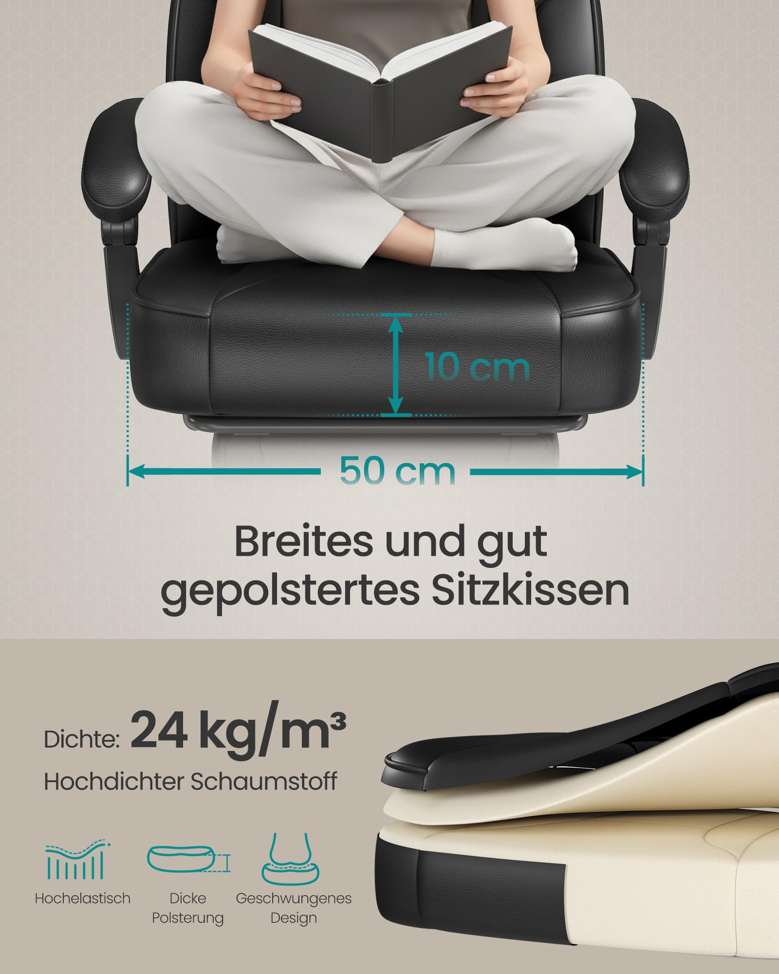 SONGMICS Gaming-Stuhl, Bürostuhl mit Fußstütze, Schreibtischstuhl mit Kopfstütze und Lendenkissen, höhenverstellbar, ergonomisch, bis 150 kg belastbar, tintenschwarz OBG073B05