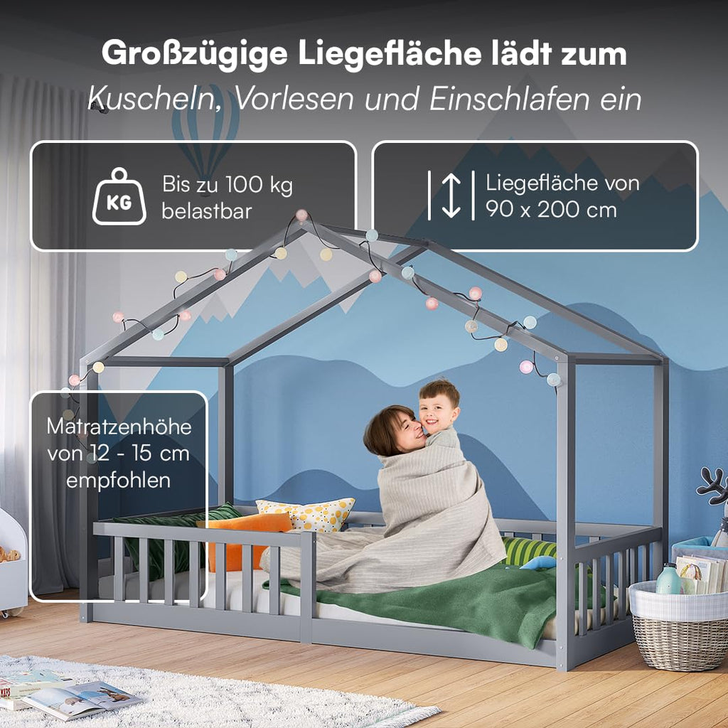 Bellabino Bia Kinderbett 90x200 cm – Bodenbett mit Rausfallschutz & Lattenrost – Hausbett aus Massivholz Kiefer – Montessori Kinder Bett in Hellgrau für Jungen und Mädchen