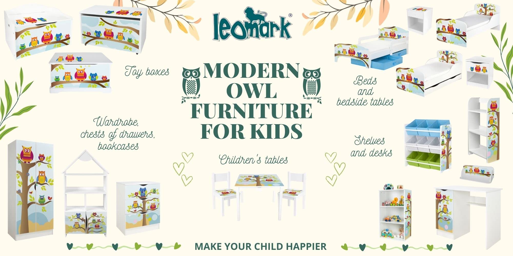 Leomark Kinderbank Hölzerne - Eulen XL - Kindertruhenbank, Behälter für Spielzeug, Truhe für Kinderzimmer, Kindermöbel, Sitzbank Höhe: 46 cm
