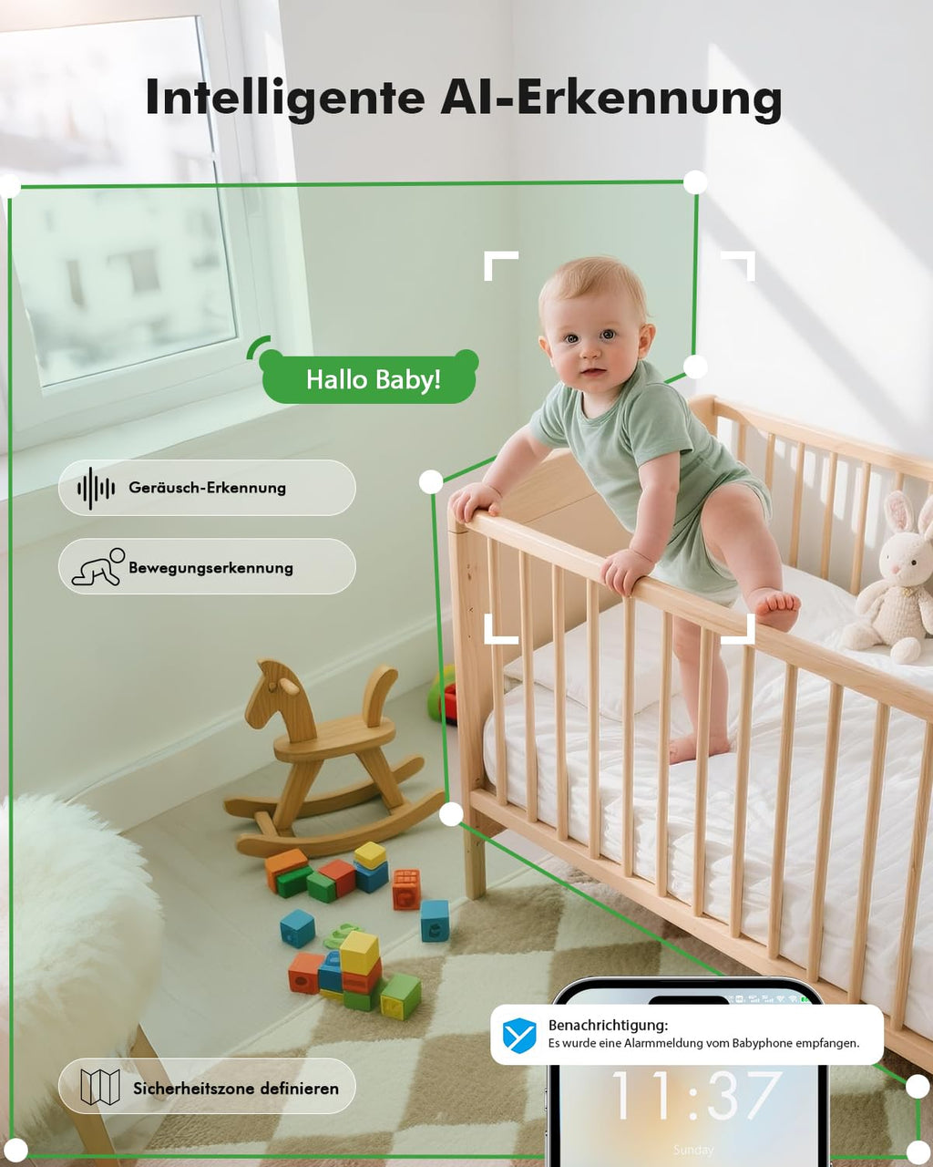 YESIMOM Babyphone mit Kamera 1080P HD PTZ 360°, 4.3" WLAN Baby Monitor mit App, IR Nachtsicht, 4X Zoom, Video Babyfon mit Bewegungs-/Geräuscherkennung, 2-Wege-Audio, Auto-Tracking, Bereichsalarme