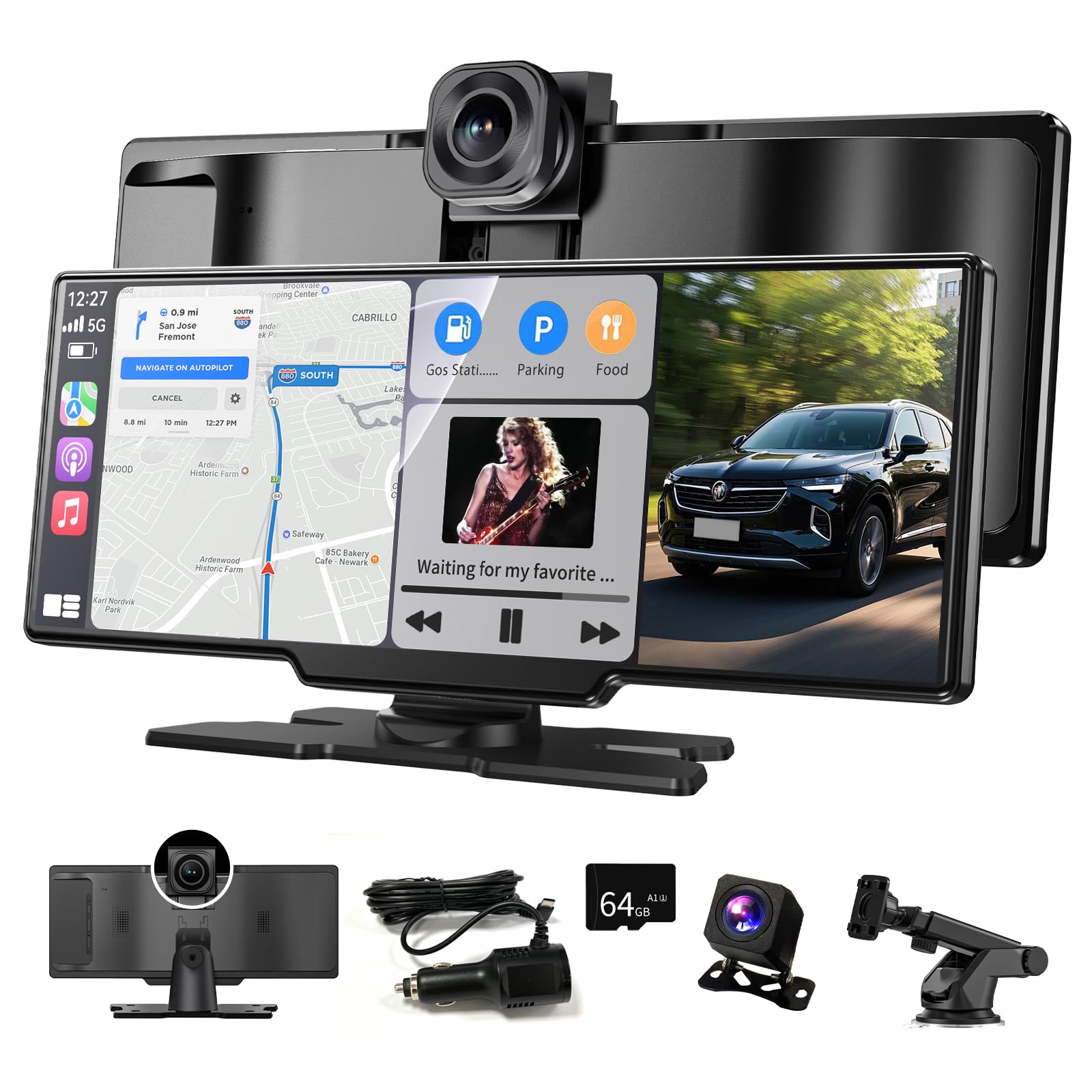10,26 Zoll Carplay Display Wireless Android Auto Car Play Display mit 4K Dashcam 1080P Rückfahrkamera,Android Display IPS Touchscreen mit AUX/FM,64G TF,Split Screen,Mirror Link,Bluetooth