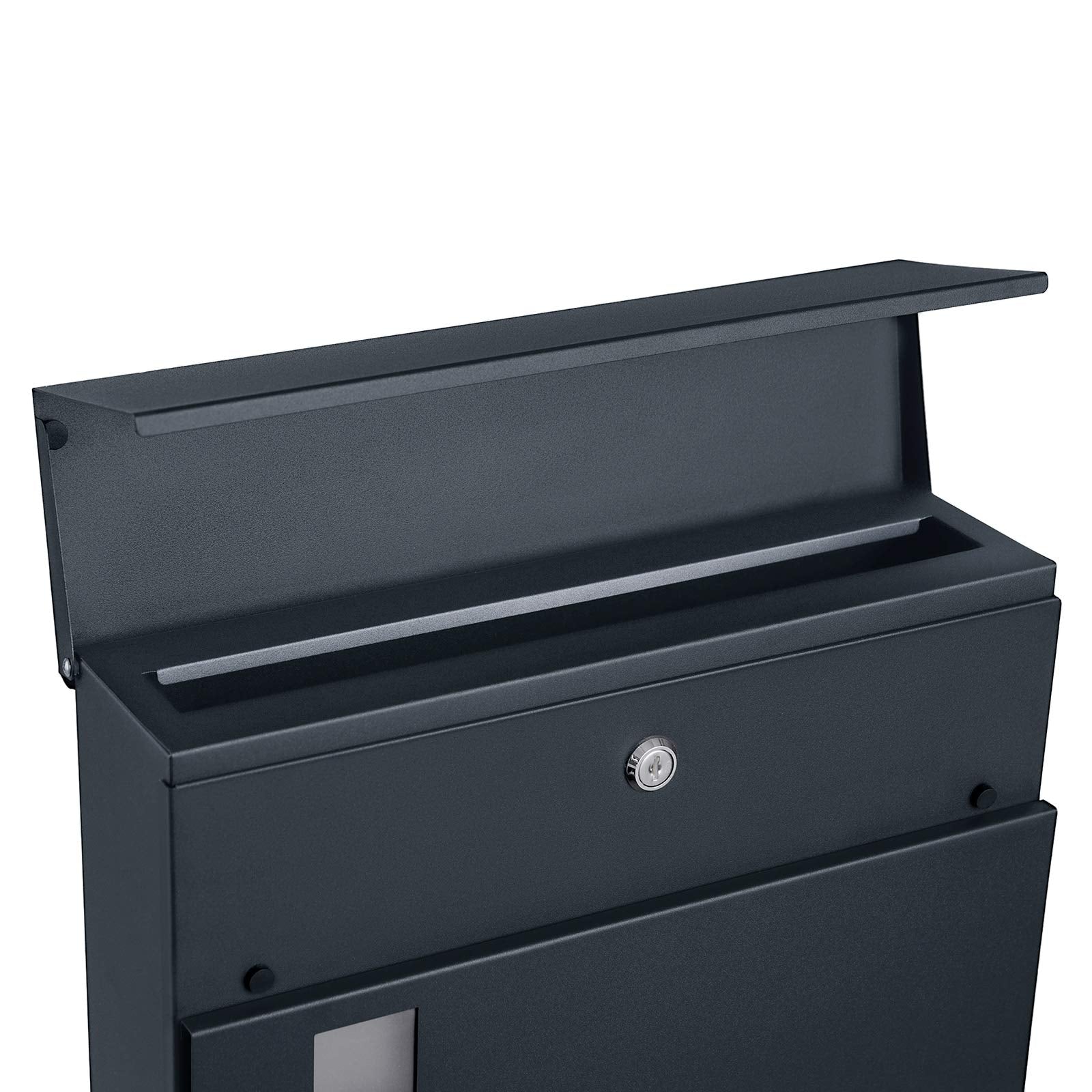 SONGMICS XXL Briefkasten, Postkasten mit Zeitungsfach, 10,5 x 37 x 37 cm, Aufkleber gegen unerwünschte Werbung, Sichtfenster, abschließbar, 2 Schlüssel, modern, einfache Montage, anthrazit GMB052G01