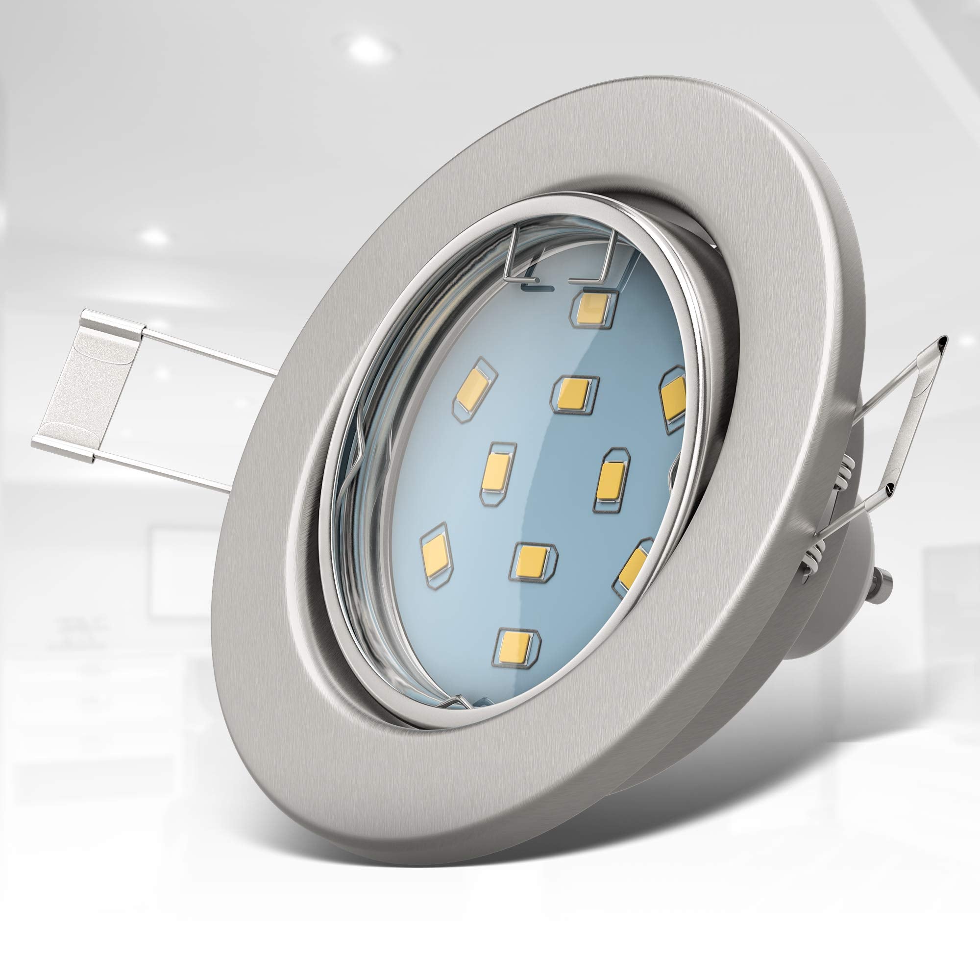 B.K.Licht - 10er Set LED Einbaustrahler 230V schwenkbar, warmweiße Lichtfarbe, Lochmass 68mm, LED Spot, Deckenspots, Spots, Einbauleuchten, Einbauspots, Deckenstrahler, 86x70 mm, Matt-Nickel