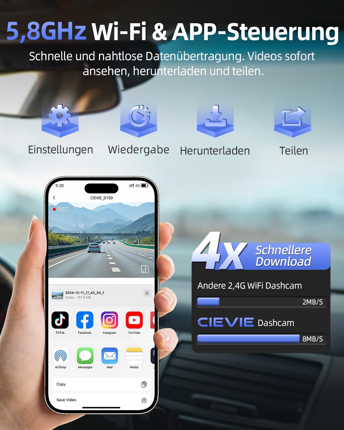 CIEVIE 4K+1080P Dashcam Auto Vorne Hinten mit 64GB SD Karte, 5GHz WiFi Dashcam mit 1,5″ IPS Display, 170° Weitwinkel, G-Sensor, WDR Nachtsicht, Loop-Aufnahme, APP Steuerung, Unterstützt 256 GB Max