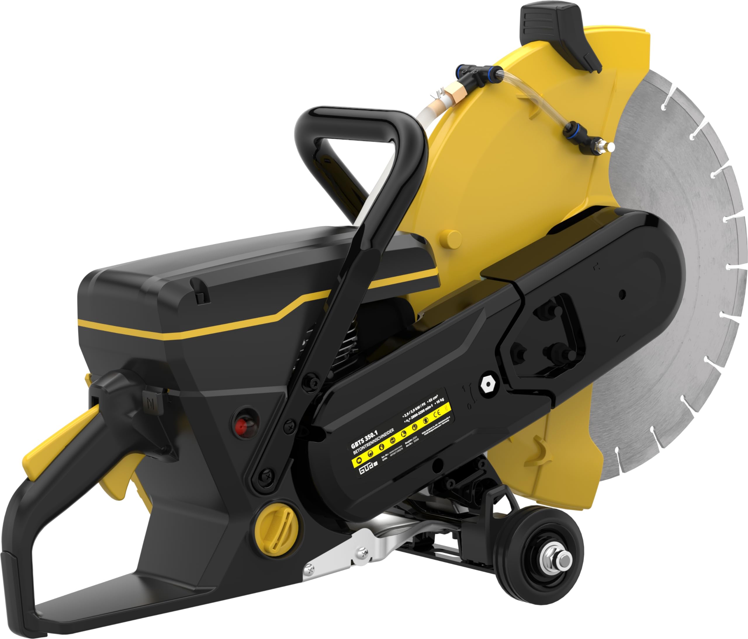 Güde Betontrennschneider GBTS 350.1 (2-Takt-Motor, 2,9/3,9 (kW/PS), 65 cm³ Hubr., 125 mm max. Schnitttiefe, 350 mm Trennscheiben-Ø, Nass und Trockenschnitt, inkl. Diamantscheibe & 3 Ersatzluftfilter)