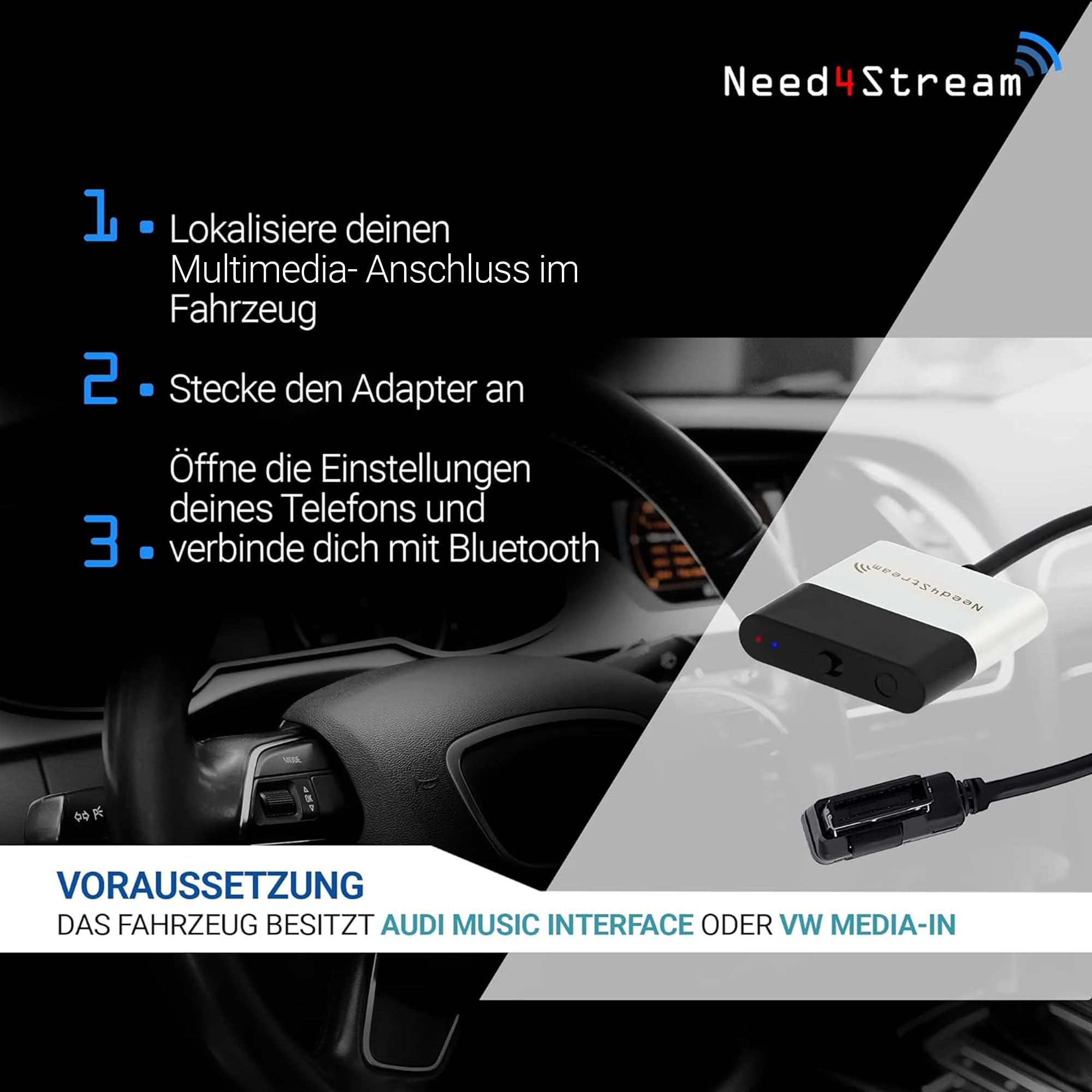 Need4Stream N4S300A V5.0 A2DP Bluetooth Audio Interface mit Titellisten, kompatibel mit Audi Music Interface, MMI 3G, 3G+, Symphony, Concert, RNS-E, BNS5.0 und VW Media-In