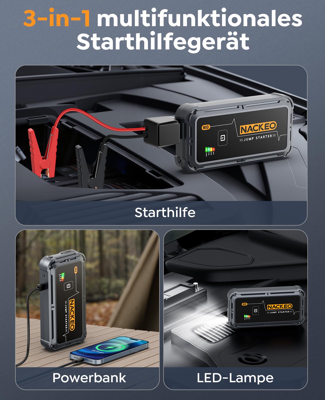 StarthilfePowerbank 5000A Leistungsstarke LEDBeleuchtung Für PKW Motorrad SUV Rasenmäher