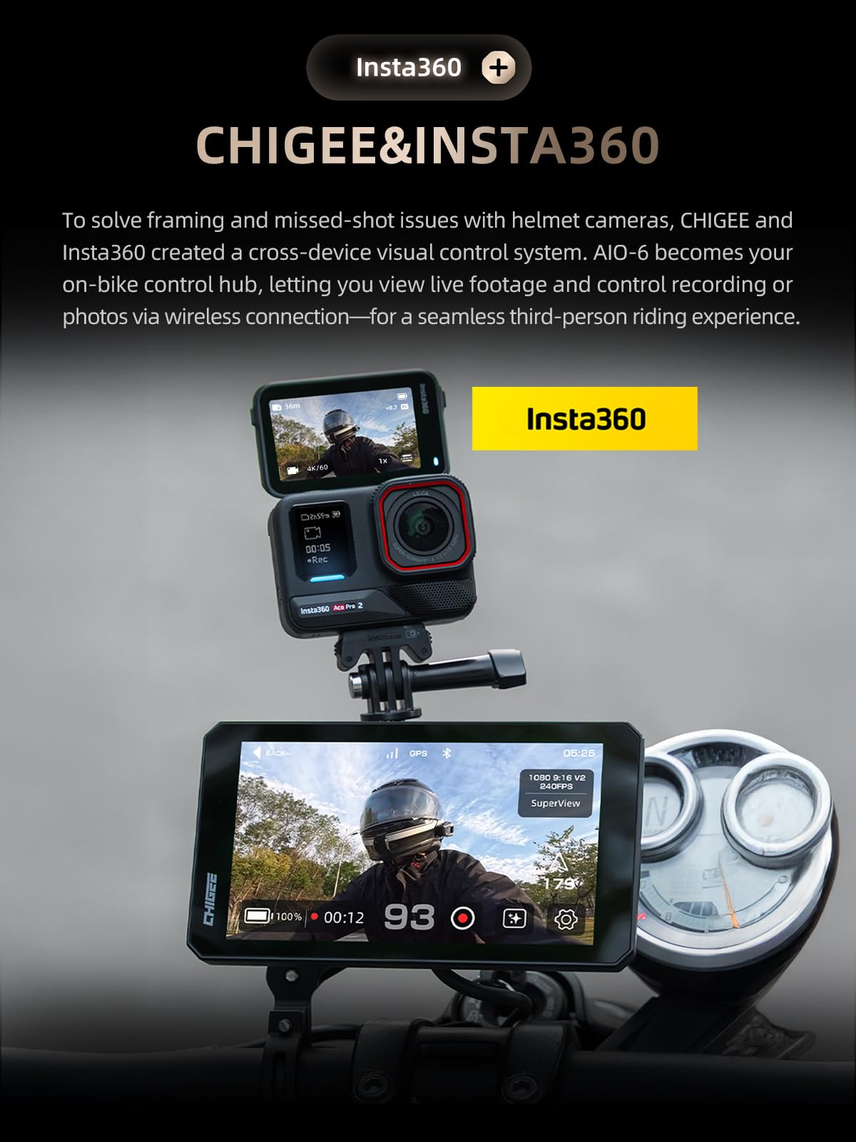 CHIGEE AIO-6 MAX Motorcycle Carplay Android Auto GPS Navigation System, BSD, STARVIS HDR 5" LCD, 60FPS,5G Wi-Fi BT, IPX9 Waterproof, Support Siri Google Assistant, 24H Parking Mode, Dedicated App
