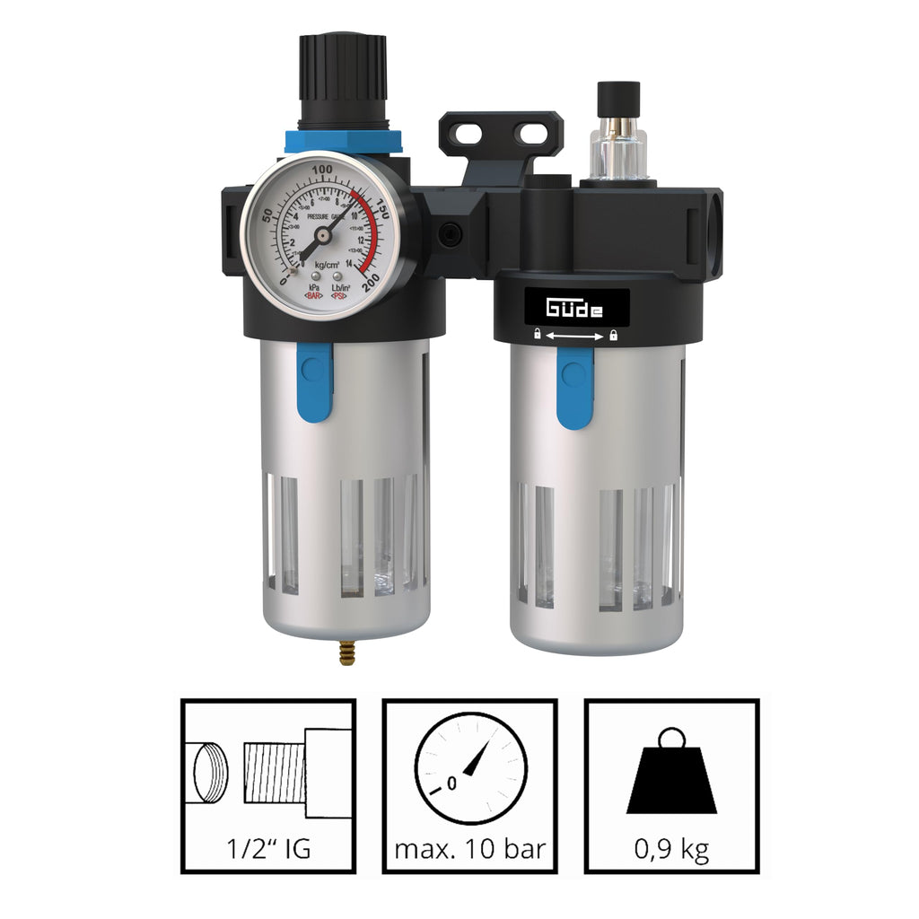 Güde Wartungseinheit 1/2 (Anschlussgewinde IG 1/2", max. Arbeitsdruck 10 bar, Anbau an einen Kompressor, Arbeitsdruckeinstellung, reinigt, filtert & ölt die Druckluft, inkl. Ablassventil & Manometer)