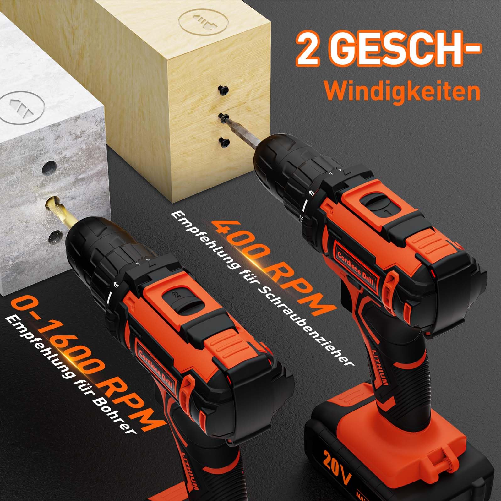 Akkuschrauber mit 2 Akkus 2.0Ah, 20V Akku Bohrschrauber Set, 1600 RPM(2-Gang) Akkubohrer, 42Nm Drehmoment, 25+1 Drehmomentstufen, 10mm Bohrfutter, 24-teiliges, LED-Licht, Für Reparatur & DIY