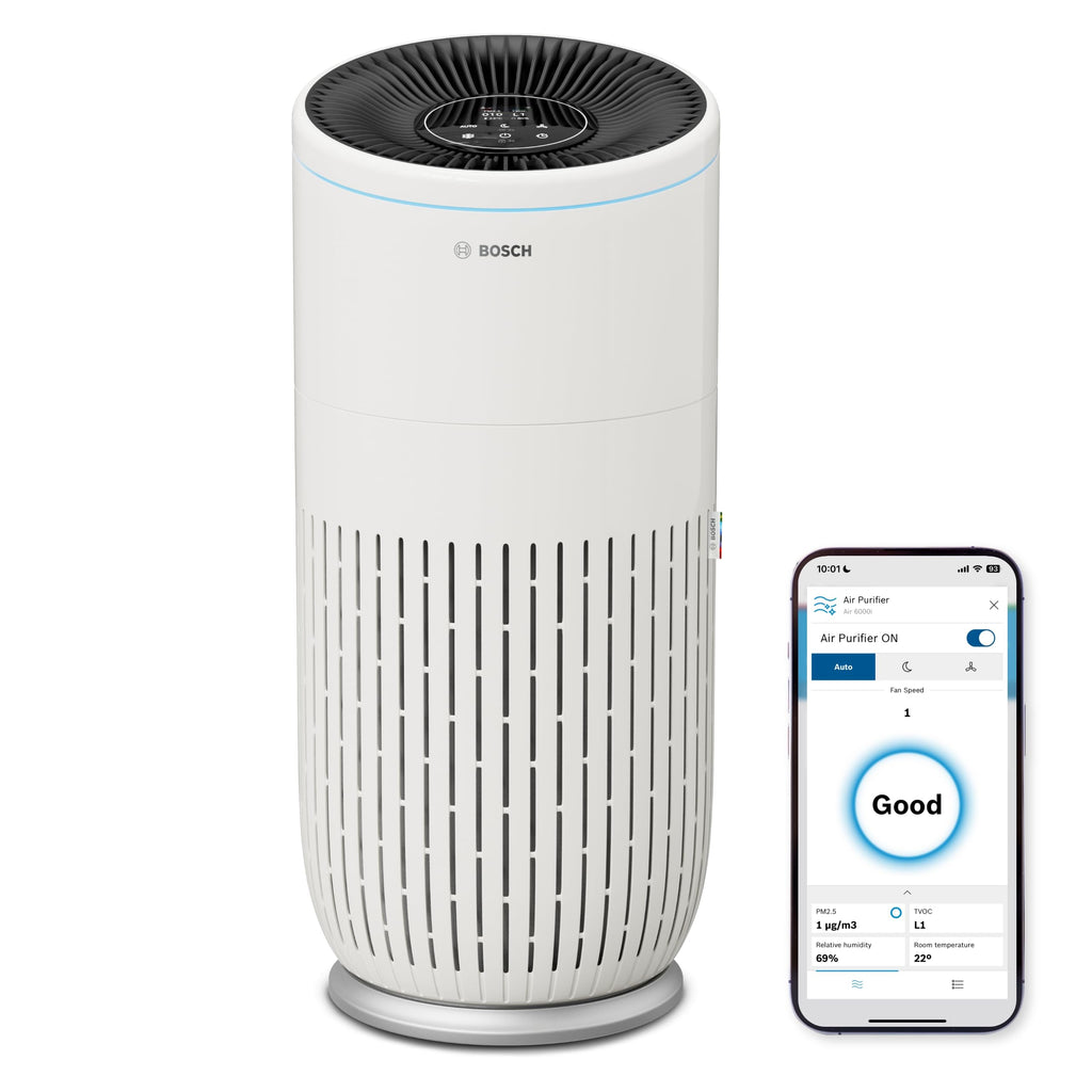 Bosch Air 6000i App-gesteuerter Luftreiniger - Für Räume bis zu 125 m² - Entfernt Schadstoffe - Mit 4-in-1 Luftfilter, Smart Sensor, Automatikmods, Ruhemodus (< 25 dB(A)) - CADR: 600 m³/h
