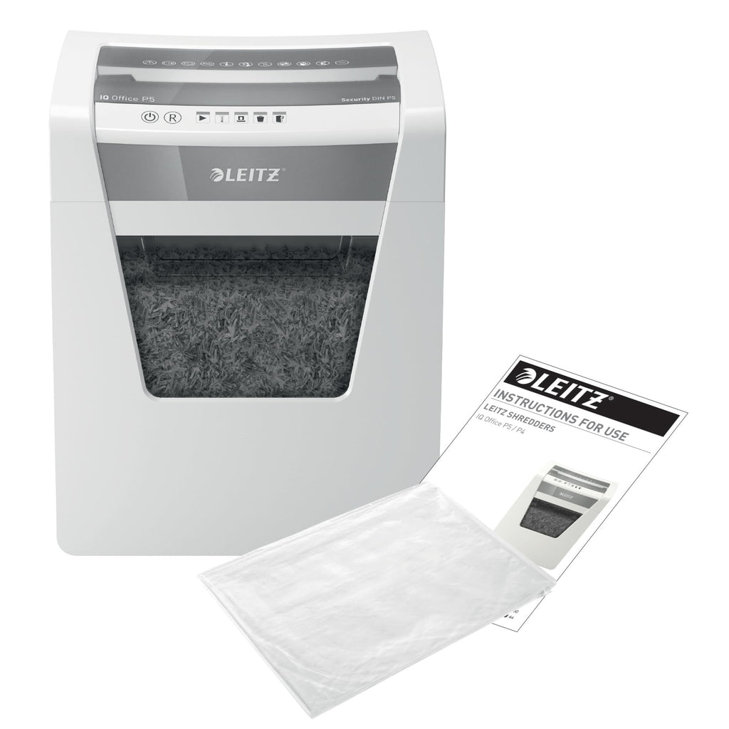 Leitz IQ Aktenvernichter Office P5, Mikroschnitt, 11-10 Blatt (70-80 g/m²), TÜV+GS zertifiziert, 2 Stunden Dauerbetrieb, Herausziehbarer 23L Behälter, Sehr leiser Schredder für Büro, Weiß, 80020000