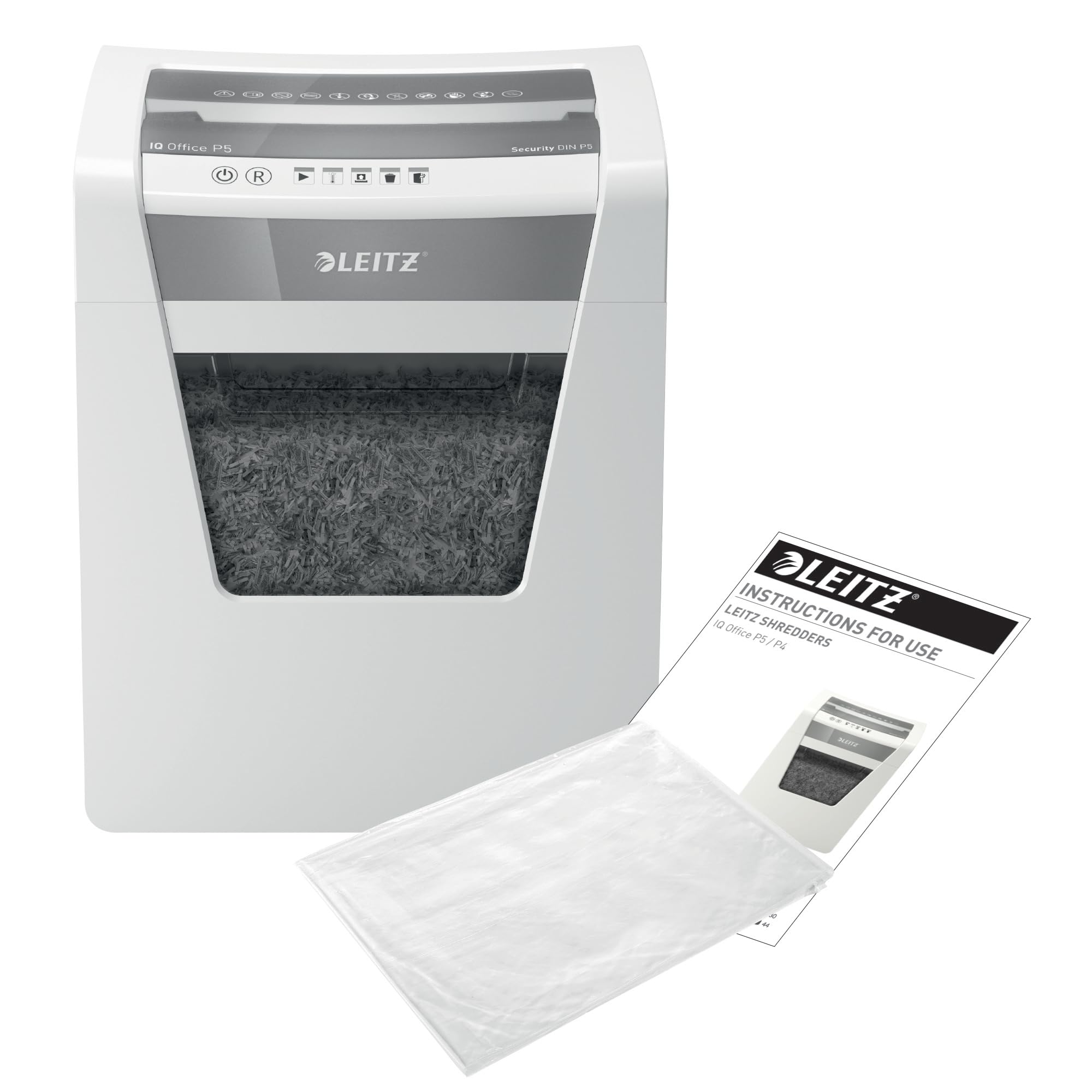 Leitz IQ Aktenvernichter Office P5, Mikroschnitt, 11-10 Blatt (70-80 g/m²), TÜV+GS zertifiziert, 2 Stunden Dauerbetrieb, Herausziehbarer 23L Behälter, Sehr leiser Schredder für Büro, Weiß, 80020000