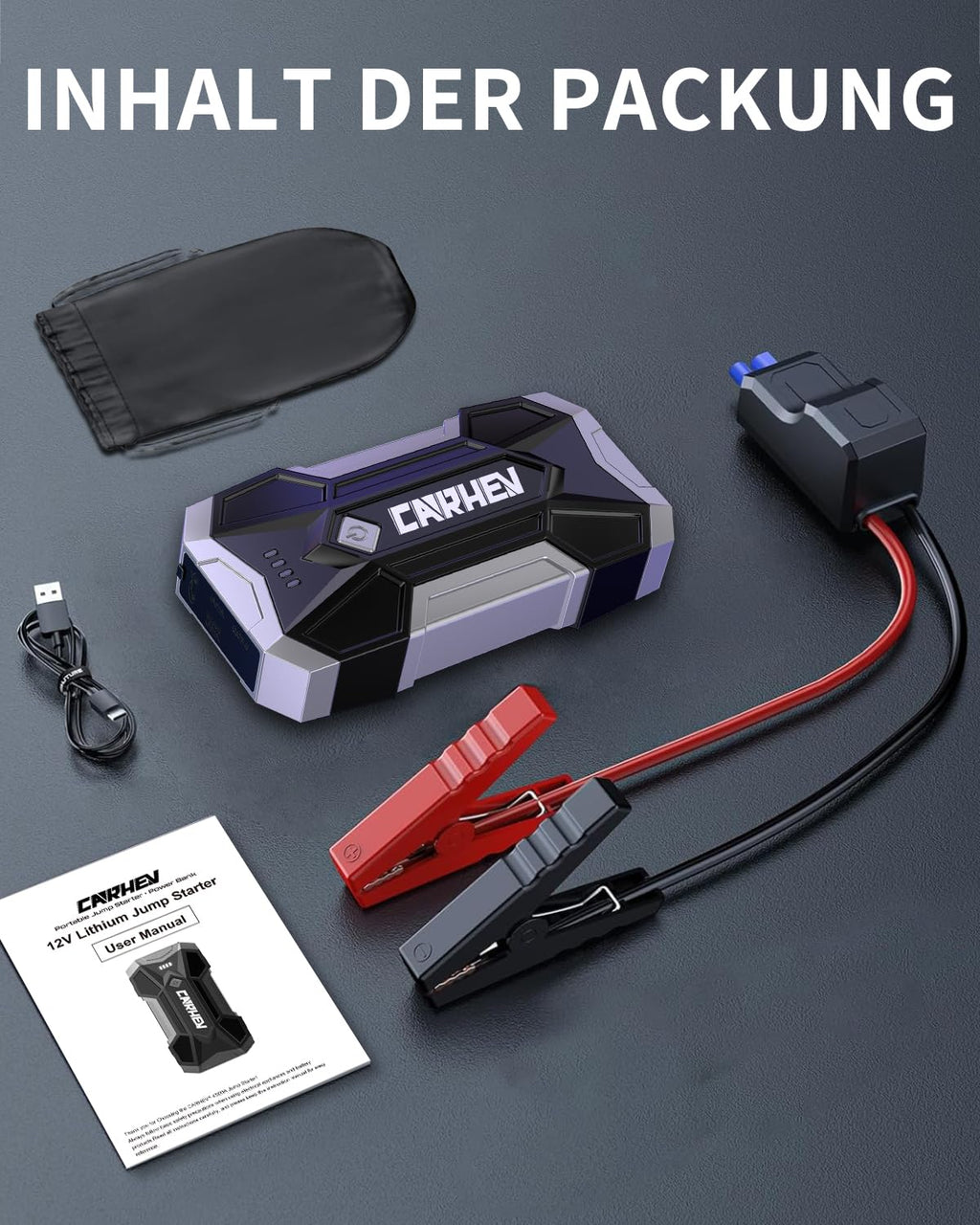 CARHEV Starthilfe Powerbank für Pkw, 4500A Starter Powerbank (Bis Zu 8,0L Benzin Oder 8,0L Diesel), 12V Booster Auto Starthilfe mit LED, Jump Starter mit Starthilfekabel und 2 USB Ausgänge