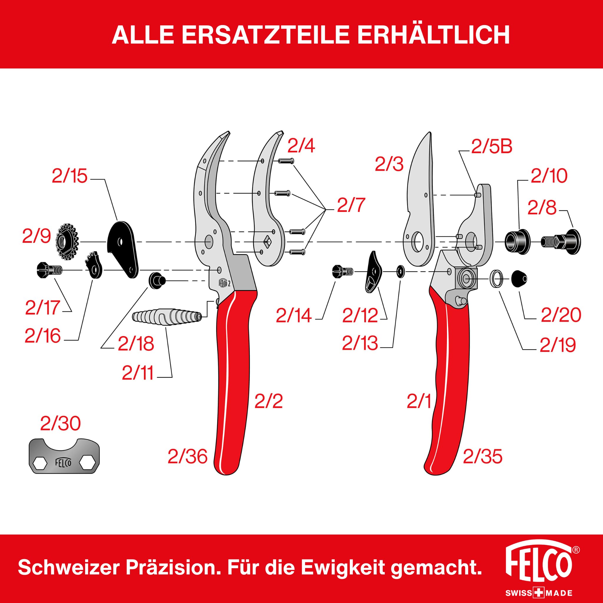 FELCO 2 professionelle Bypass-Gartenschere für Rechtshänder, 41 mm gehärtete Stahlklinge, geschmiedete Aluminiumgriffe, robustes Werkzeug für mittelgroße bis große Hände, 25 mm Schnitt, Swiss Made