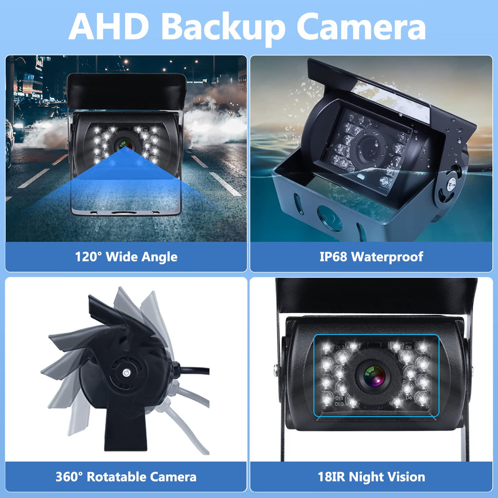 CAMECHO Rückfahrkamera 4 Kameras Set, 9" Monitor 4 Geteilte Rück und Vorder Kamera, Weitwinkel, IP68 wasserdicht, 18IR Nachtsicht, Rückfahrkamera funk für LKW/Anhänger/Bus/Van/Landwirtschaft(12V-35V)