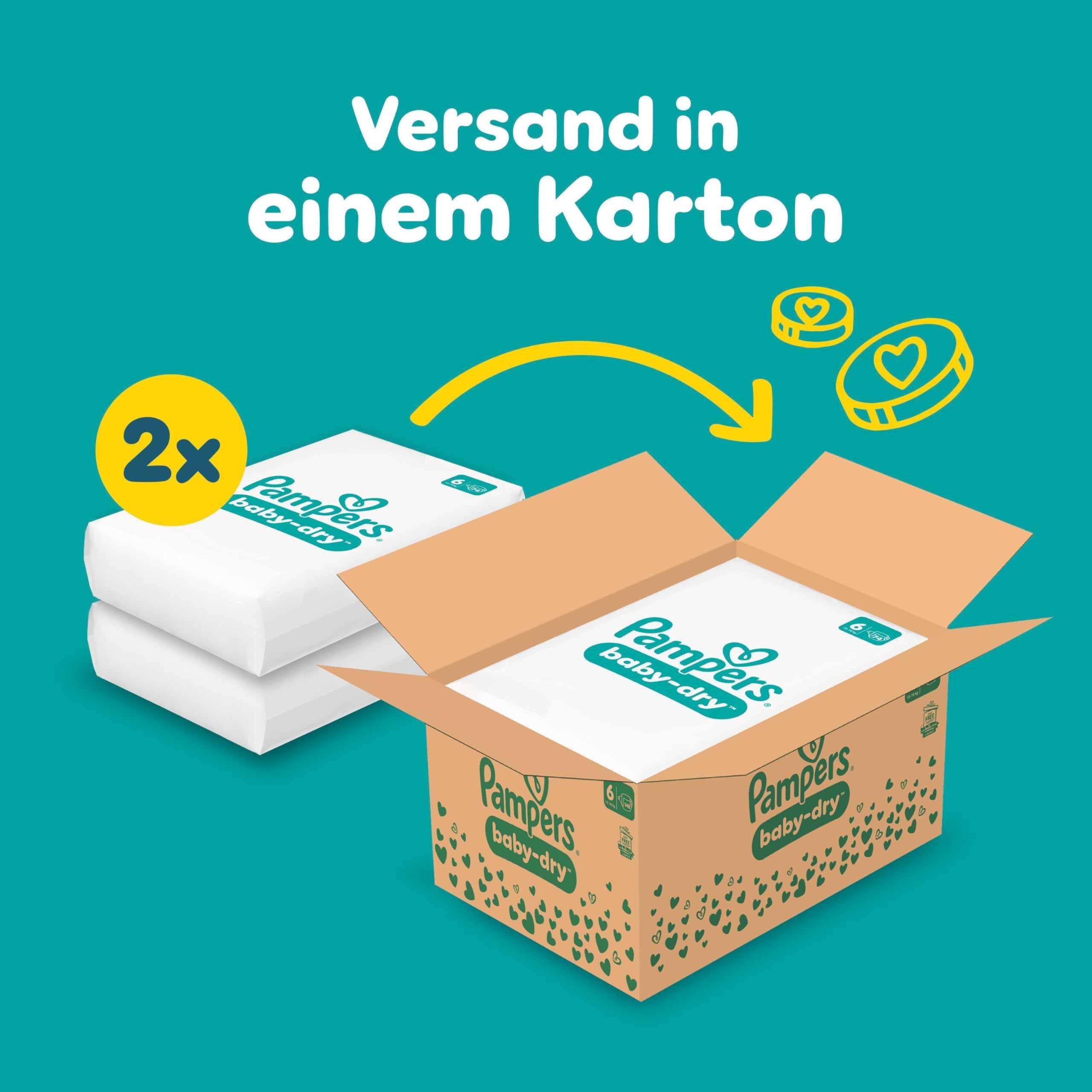 Pampers Baby-Dry Größe 6, 148 Windeln, 13kg-18kg, Bis zu 100% Auslaufschutz & Komfort die ganze Nacht