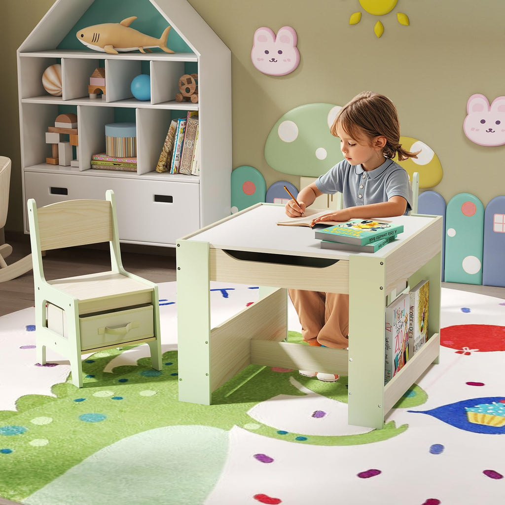 COSTWAY Kindertisch mit 2 Stühlen, 3 teilige Kindersitzgruppe aus Holz mit wendbarer Tischplatte, Bücherregalen & Aufbewahrungsboxen, 4 in 1 Kinder Maltisch mit Stauraum für ab 3 Jahren (Grün)