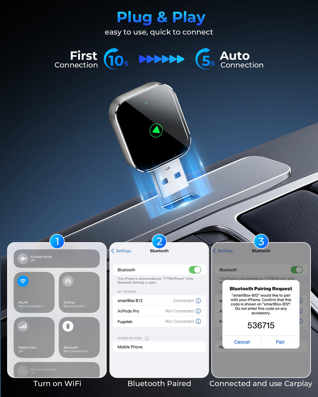 Mini CarPlay Wireless Adapter für iPhone - Converts Wired to Wireless CarPlay Adapter, CarPlay Stick für Apple Wired CarPlay Cars & für iPhone iOS 10+, USB & Type-C, Plug & Play