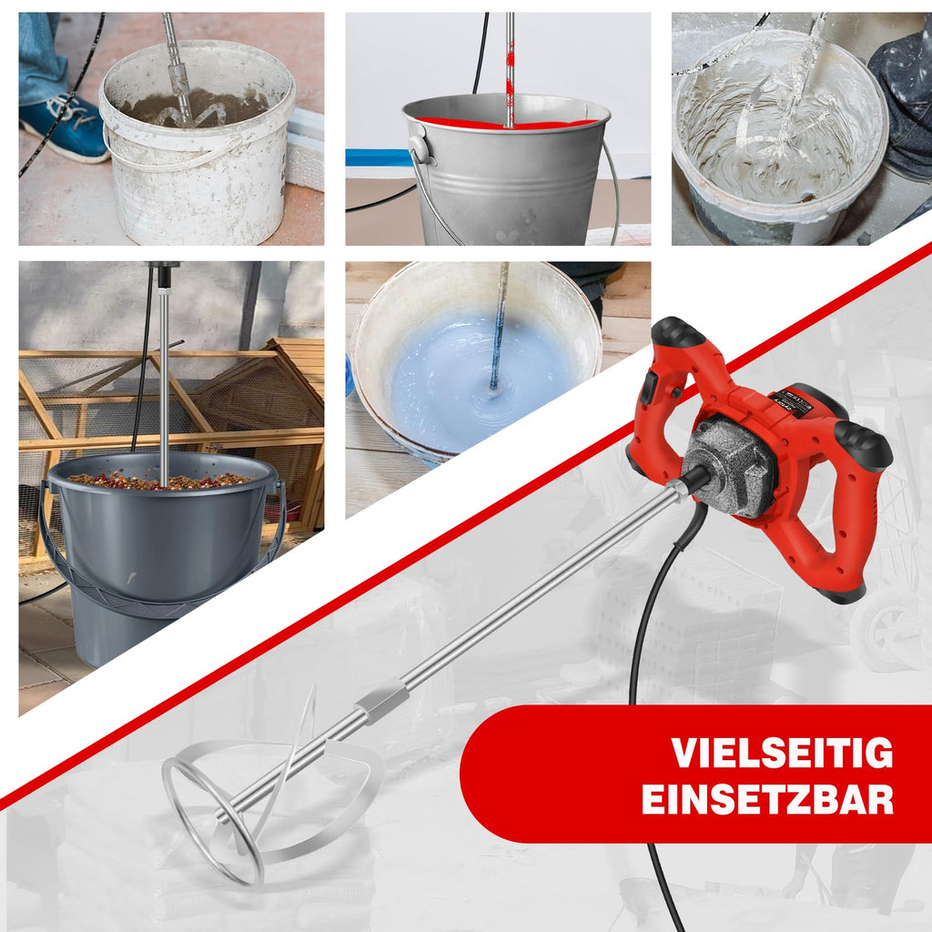 2600W Rot Rührwerk betonrührer, 6-Gang-Getriebe 0-1700U/min, M14 Spiralstange 60 cm, Farb-Mörtelrührer Ø120 mm, Handmischer für Mischgut Beton, Mörtel, Putz, Farbe, Kleber und Zement