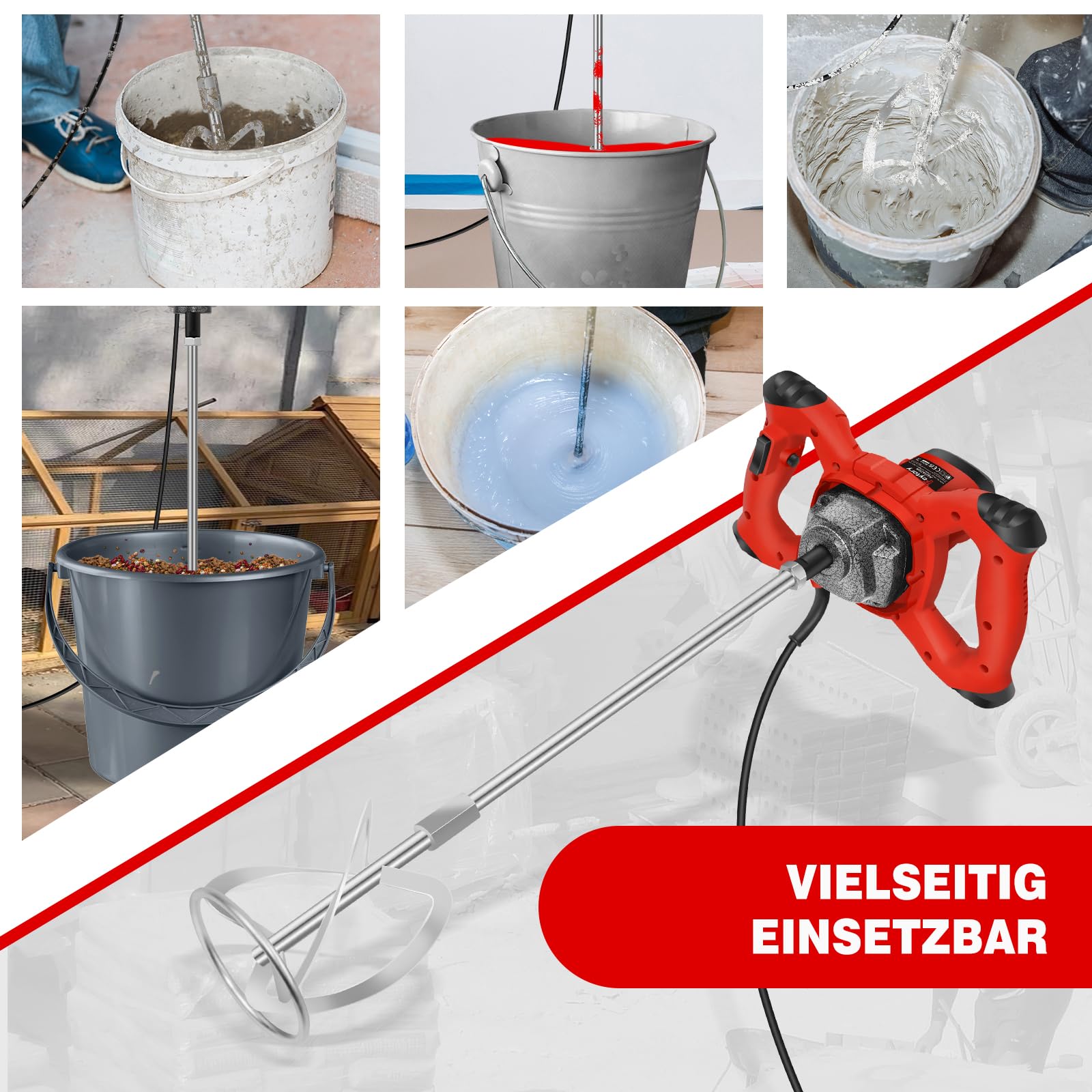 2600W Rot Rührwerk betonrührer, 6-Gang-Getriebe 0-1700U/min, M14 Spiralstange 60 cm, Farb-Mörtelrührer Ø120 mm, Handmischer für Mischgut Beton, Mörtel, Putz, Farbe, Kleber und Zement