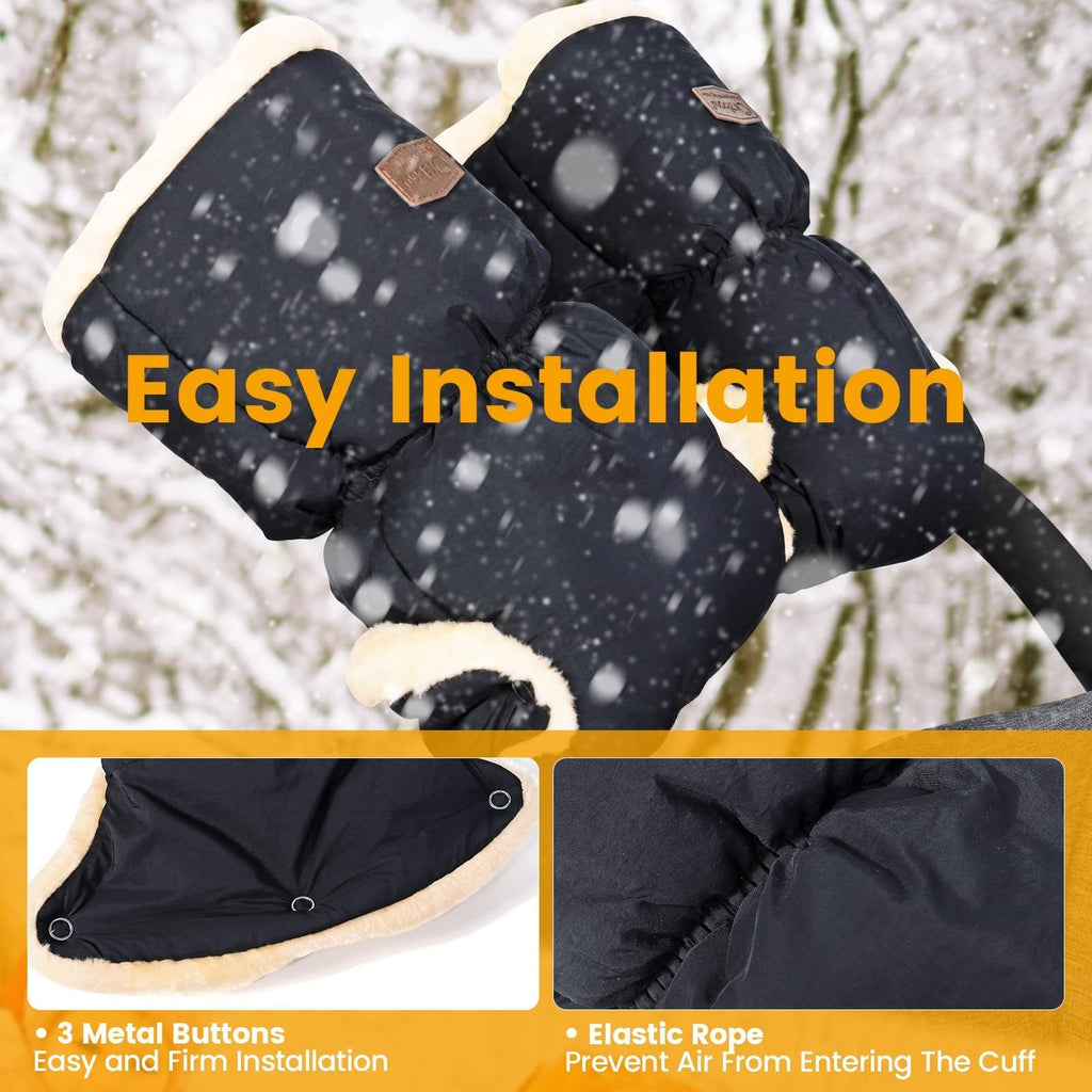 Orzbow Handwärmer Kinderwagen, Wasserdicht Künstliche Lammfell Handschuhe Kinderwagen mit Tasche, Winddicht Handmuff für Buggy, Winter Geschenk für Neue Eltern (Schwarz)