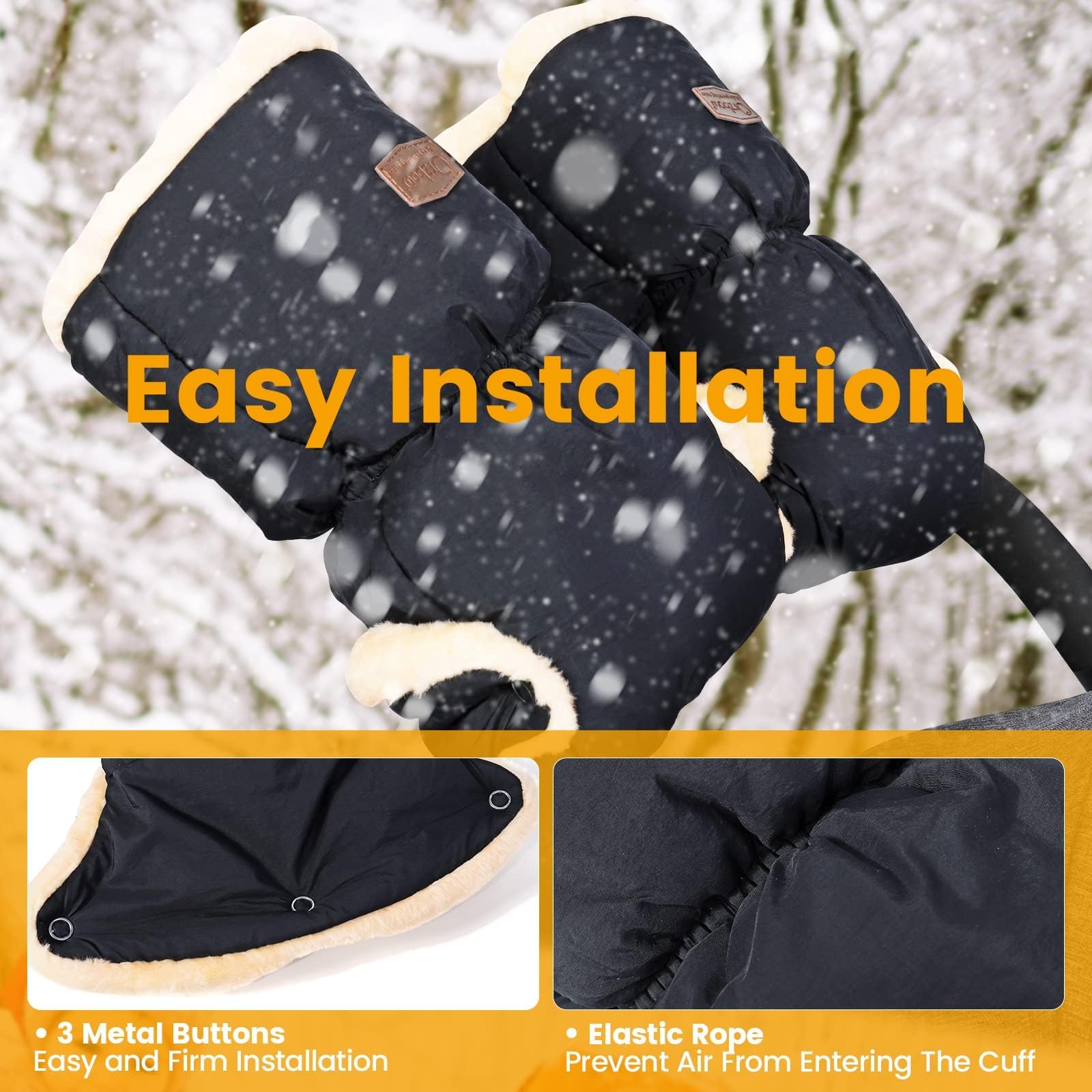 Orzbow Handwärmer Kinderwagen, Wasserdicht Künstliche Lammfell Handschuhe Kinderwagen mit Tasche, Winddicht Handmuff für Buggy, Winter Geschenk für Neue Eltern (Schwarz)