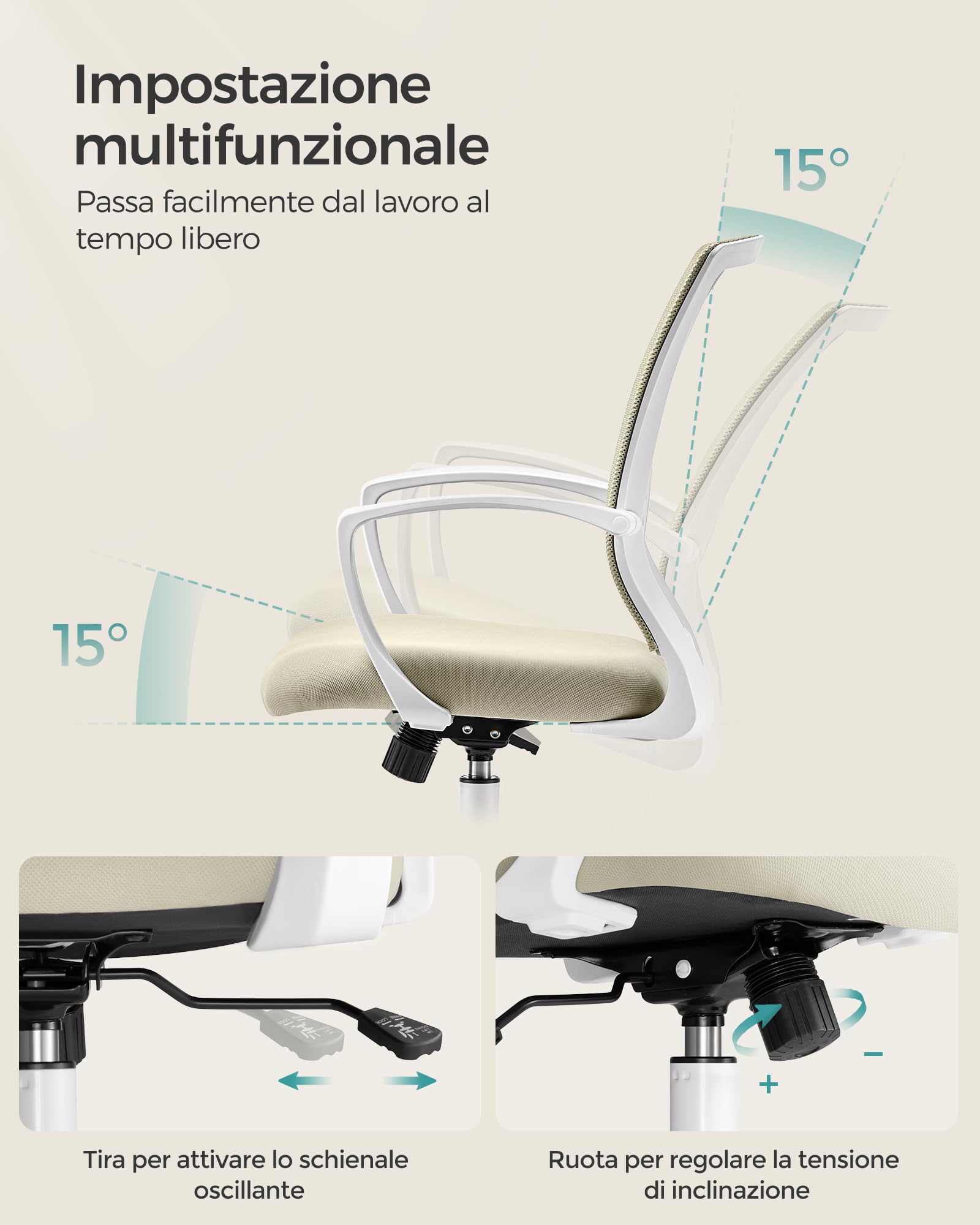 SONGMICS Bürostuhl, Schreibtischstuhl mit Netzbespannung, höhenverstellbarer Computerstuhl, Drehstuhl, Wippfunktion, atmungsaktiv, Büro, Arbeitszimmer, bis 120 kg belastbar, cappuccinobeige OBN022K01