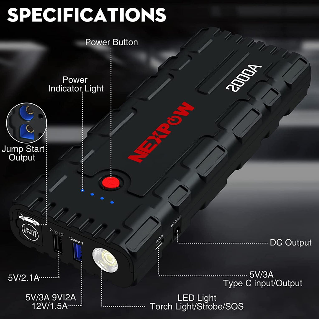 NEXPOW Starthilfe Powerbank, 2000A Spitzenstrom Auto Starthilfe, 12V Tragbarer Batterie Booster mit USB-Schnellladung 3.0 (bis zu 7,0L Benzin oder 6,5L Diesel) Safe Batteriestarter LED-Licht (schwarz)