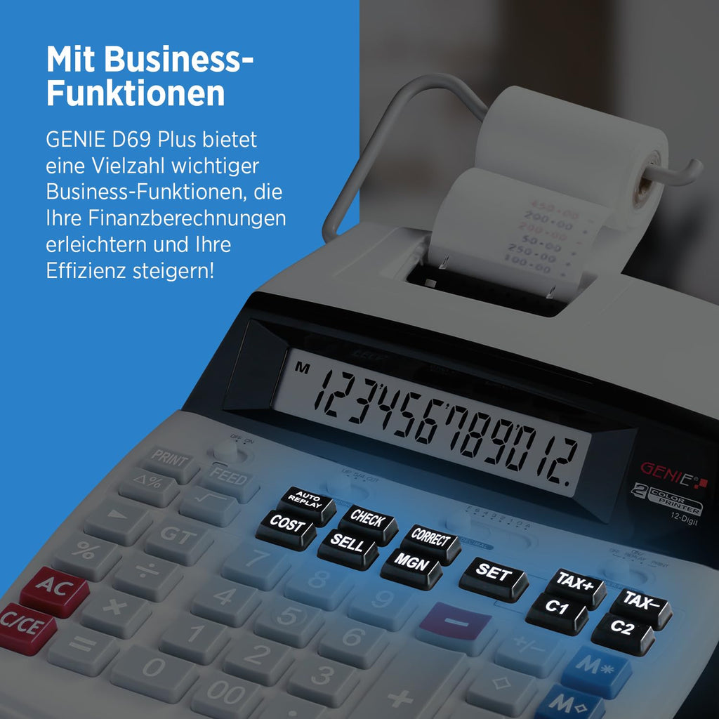 Genie D69 Plus Druckender Tischrechner | 12-stelliges LC-Display | Rechenmaschine mit Papierrolle | Quittung & Bondrucker | Taschenrechner mit Papierrolle | Viele Business-Funktionen | weiß