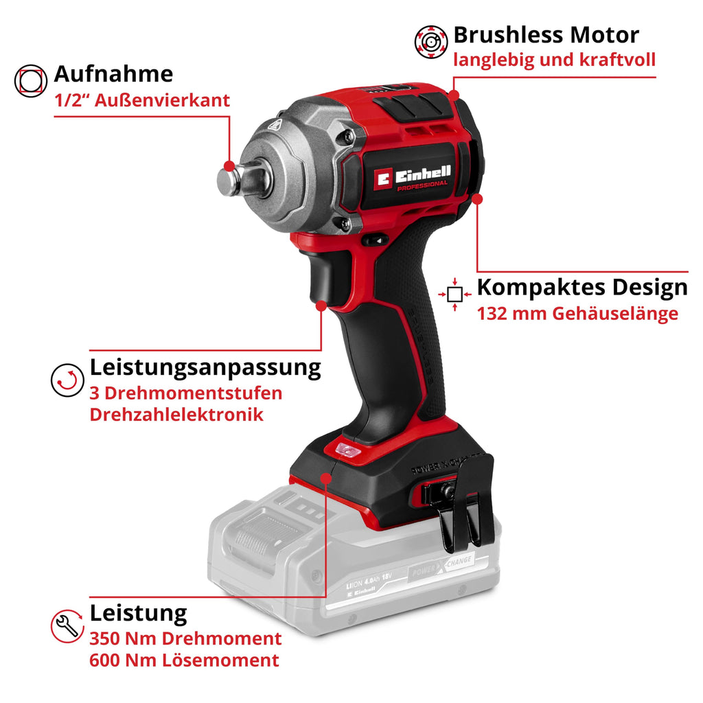 Einhell Professional Akku-Schlagschrauber TP-CW 18/350-C Li BL-Solo Power X-Change (18 V, 350 Nm Drehmoment, 600 Nm Lösemoment, Brushless, Außenvierkant-Aufnahme, ohne Akku)