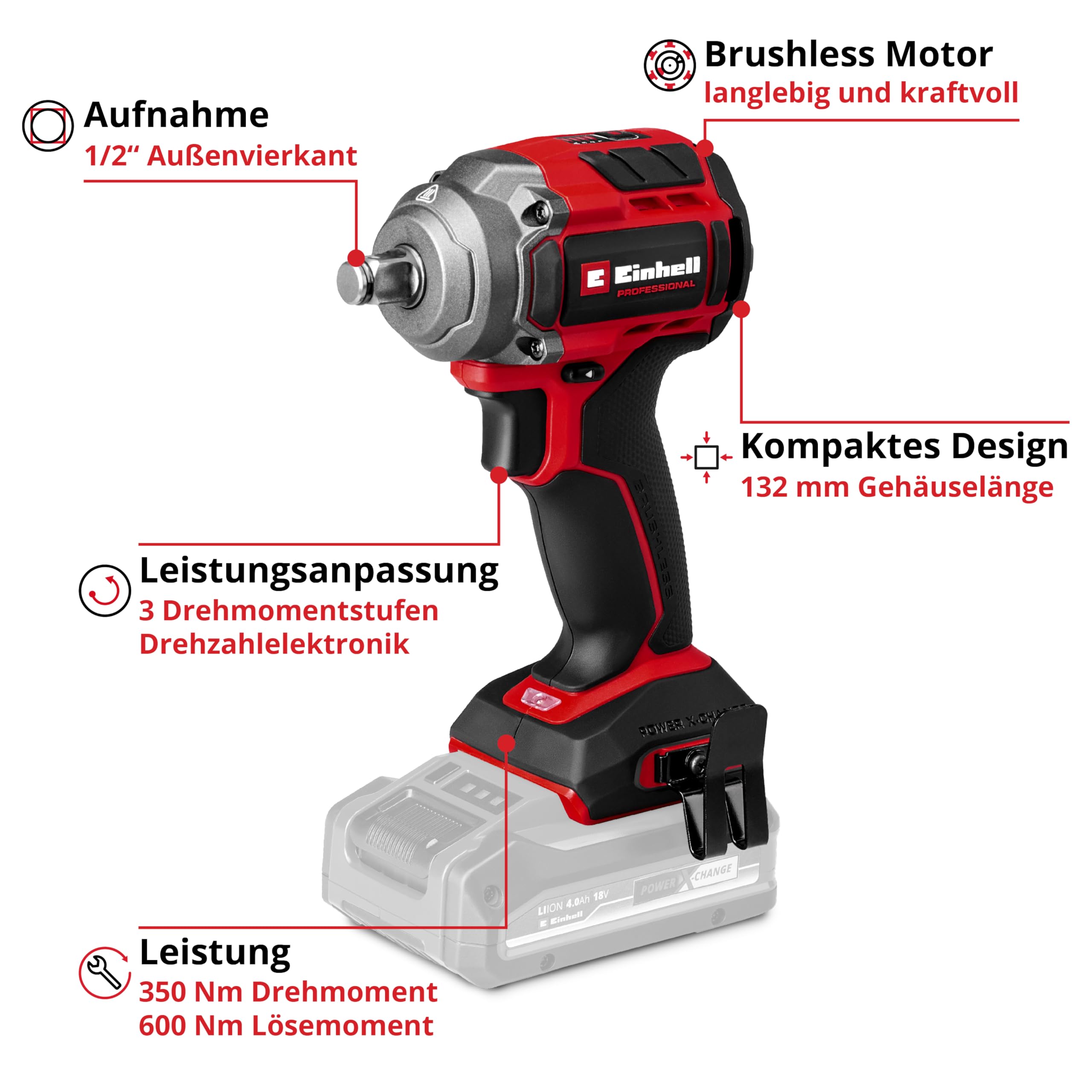 Einhell Professional Akku-Schlagschrauber TP-CW 18/350-C Li BL-Solo Power X-Change (18 V, 350 Nm Drehmoment, 600 Nm Lösemoment, Brushless, Außenvierkant-Aufnahme, ohne Akku)