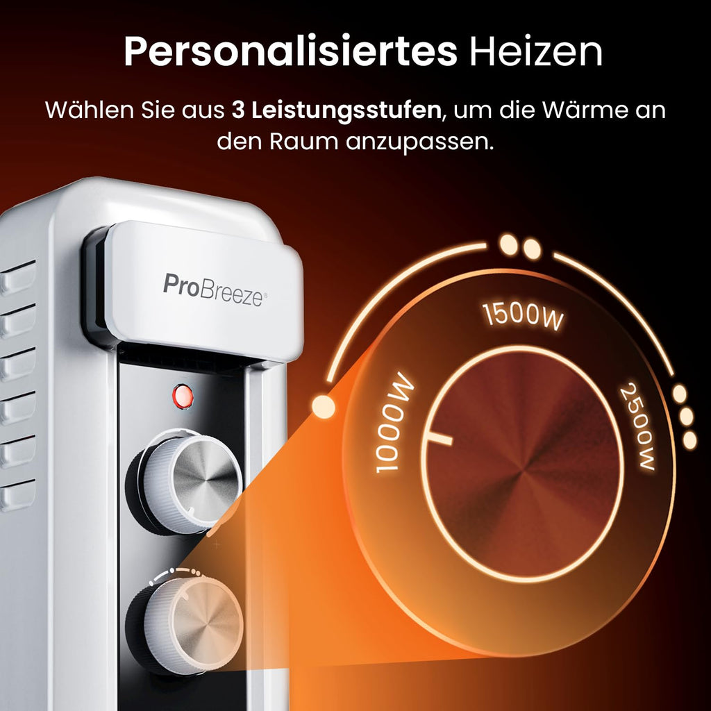 Pro Breeze 2500W Ölradiator mit 11 Heizrippen, Elektrischer Heizkörper, 24h Timer, Ölradiator energiesparend, 3 Heizstufen, Einstellbares Thermostat & Sicherheitsabschaltfunktion - weiß