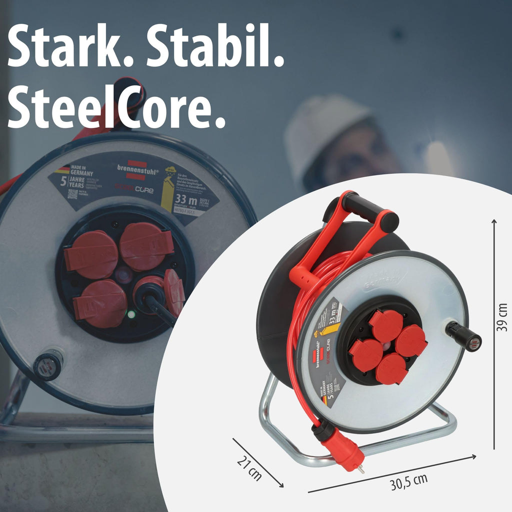 Brennenstuhl Professional SteelCore Kabeltrommel SC 3210 IP44 (33m H07BQ-F 3G2,5 Kabel, Trommelkörper aus Stahlblech, Baustelleneinsatz und ständiger Einsatz im Freien, Made in Germany)