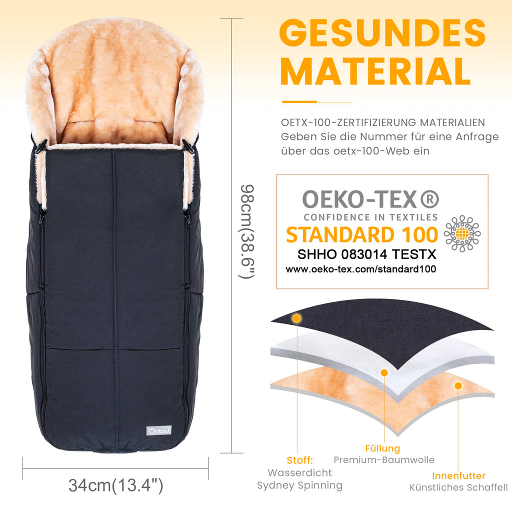 Orzbow Fußsack Buggy, Künstliches Lammfell Fußsack Kinderwagen Baby Winter mit Reißverschluss, Abnehmbar, Universelle & Wasserdicht, Maschinenwaschbar, Schwarz