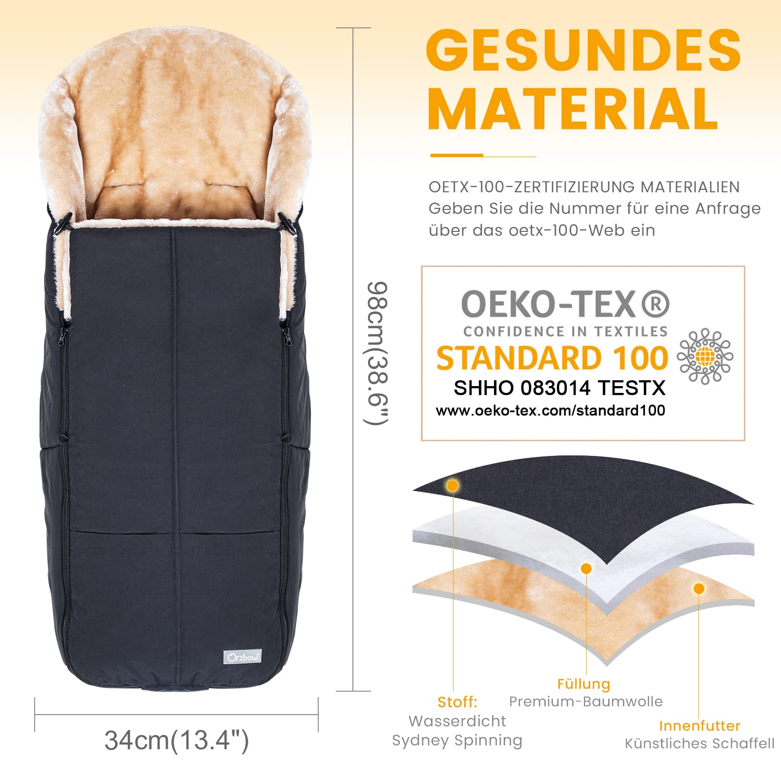 Orzbow Fußsack Buggy, Künstliches Lammfell Fußsack Kinderwagen Baby Winter mit Reißverschluss, Abnehmbar, Universelle & Wasserdicht, Maschinenwaschbar, Schwarz