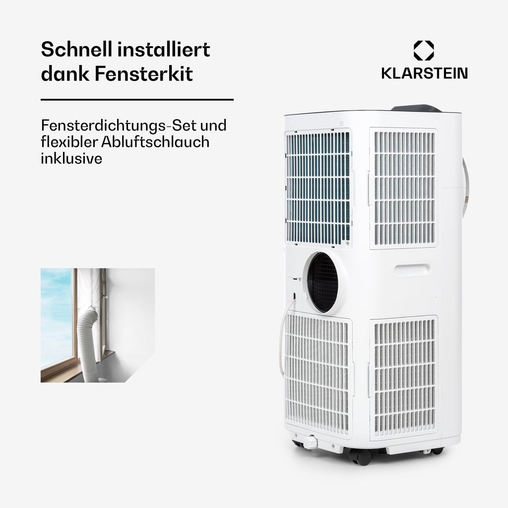 Klarstein Kraftwerk Smart 12K Mobiles Klimagerät – 12000 BTU, 35-59 m², App & Alexa Steuerung, 3-in-1 Kühlung, Entfeuchter & Ventilator, Leise, Timer, Ablaufschlauch Inkl., Weiß