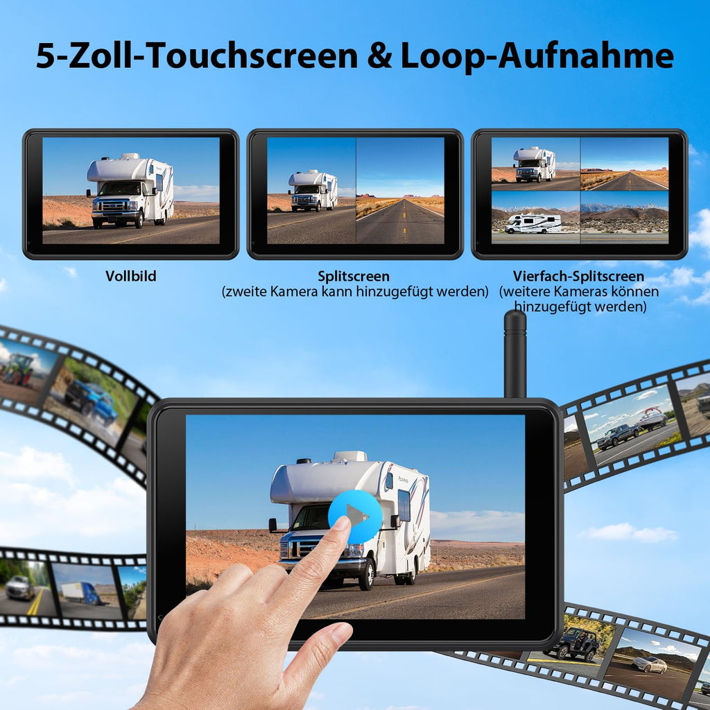 Magnetisch Solar Rückfahrkamera Kabellos mit 5" 1080P Monitor: 9600mAh Akku 1 Mins DIY Installation, IP69K Wasserdicht Rückfahrkameras für Auto, LKW, Van