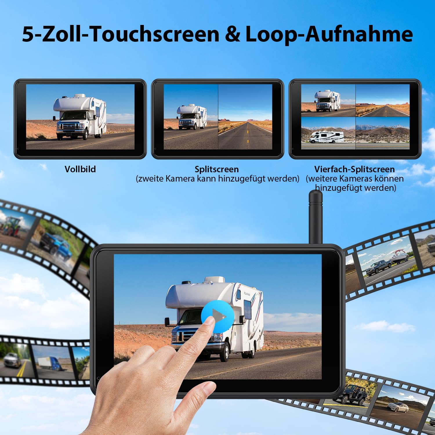 Magnetisch Solar Rückfahrkamera Kabellos mit 5" 1080P Monitor: 9600mAh Akku 1 Mins DIY Installation, IP69K Wasserdicht Rückfahrkameras für Auto, LKW, Van